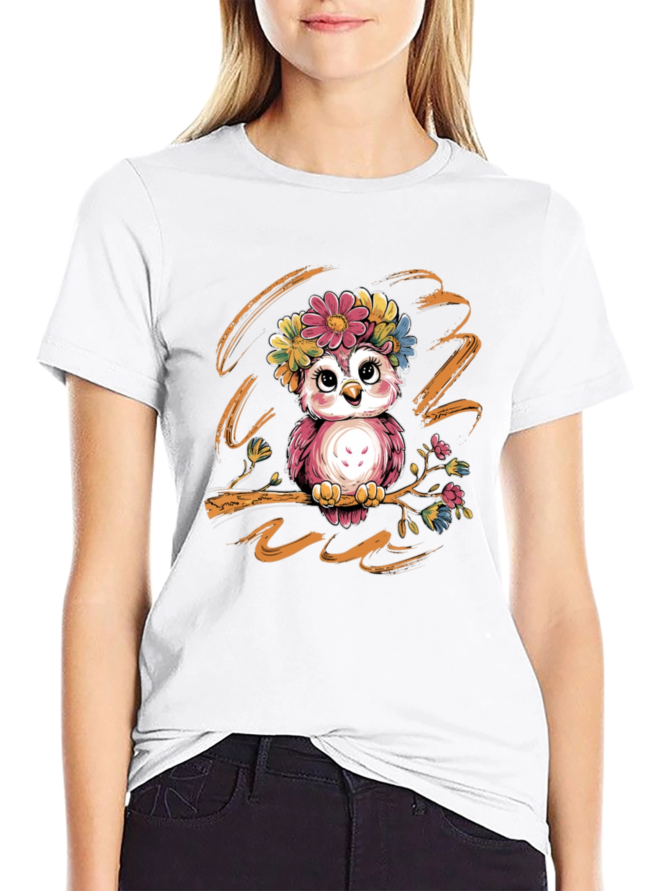 Cute Owl Floral Wreath Graphic Tee