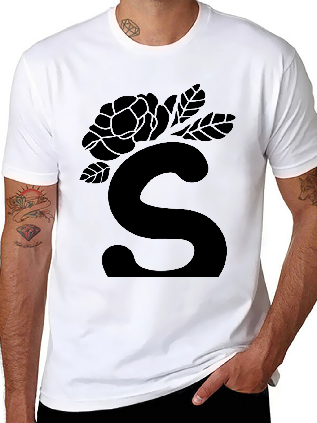 Elegant Black Floral S Initial T-Shirt
