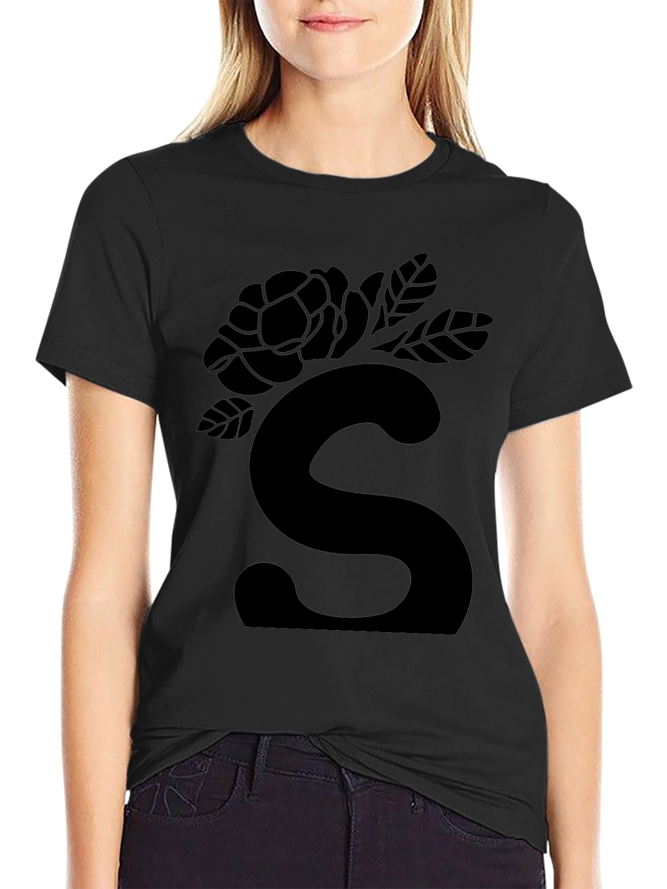 Elegant Black Floral S Initial T-Shirt