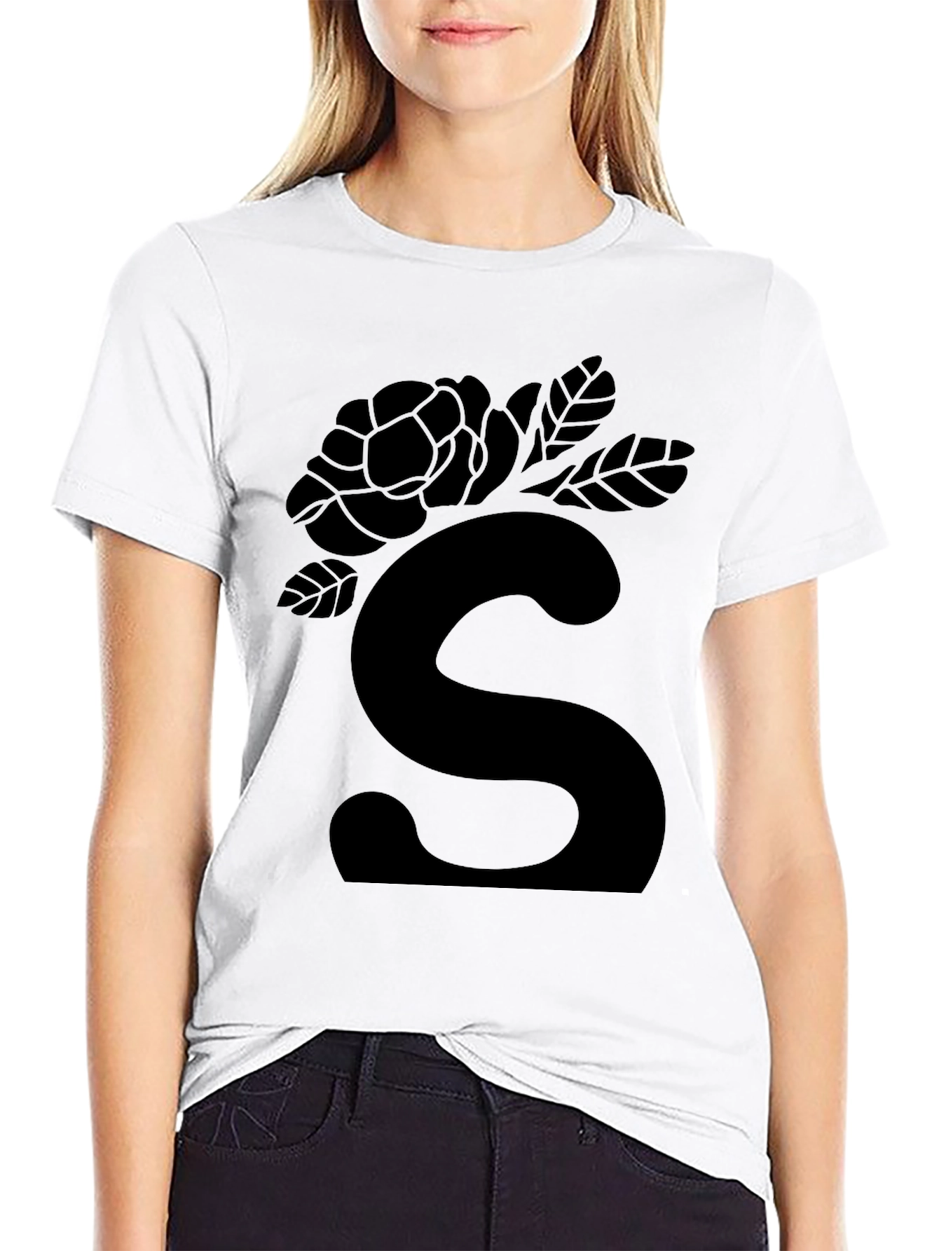 Elegant Black Floral S Initial T-Shirt