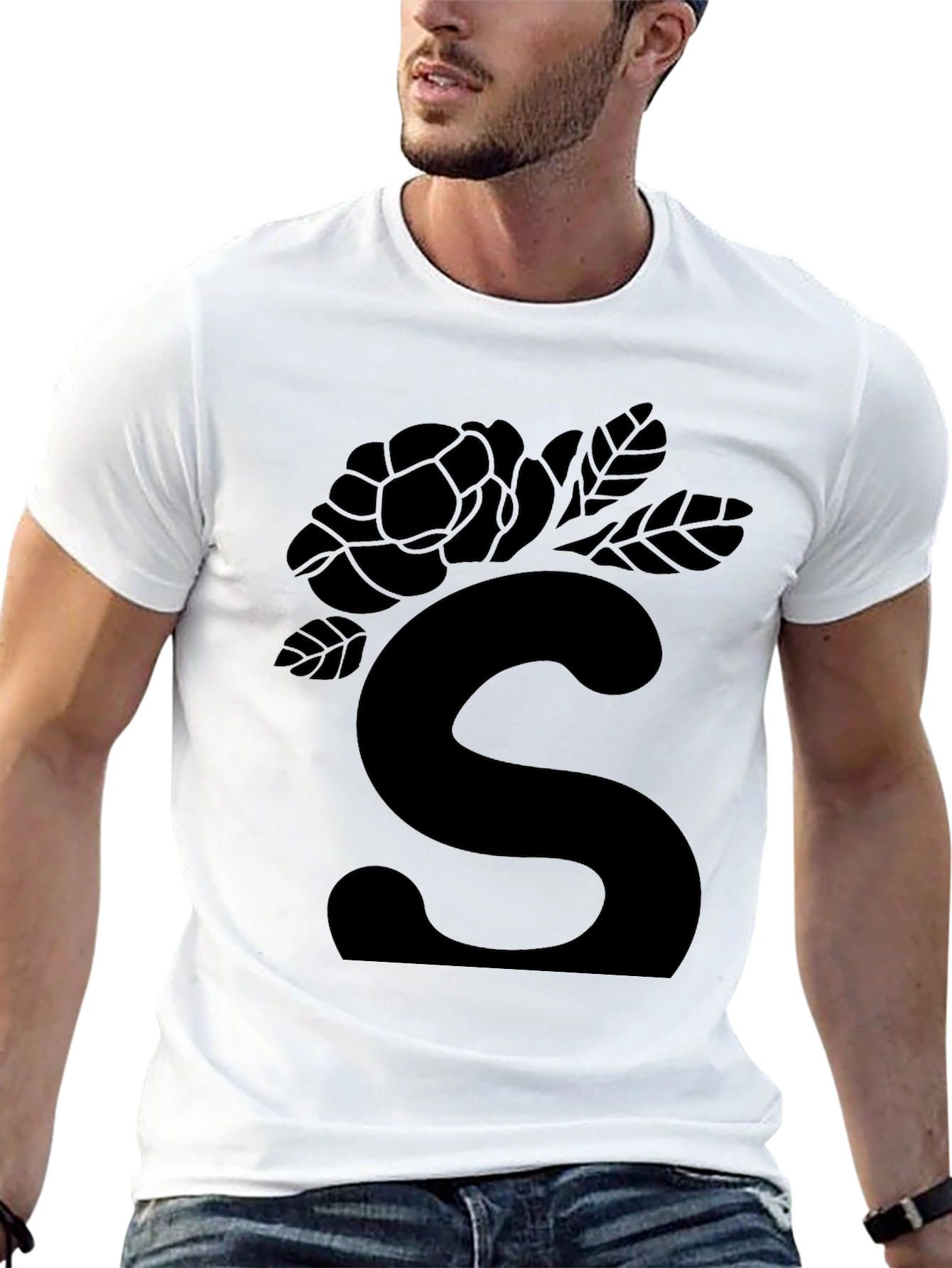 Elegant Black Floral S Initial T-Shirt