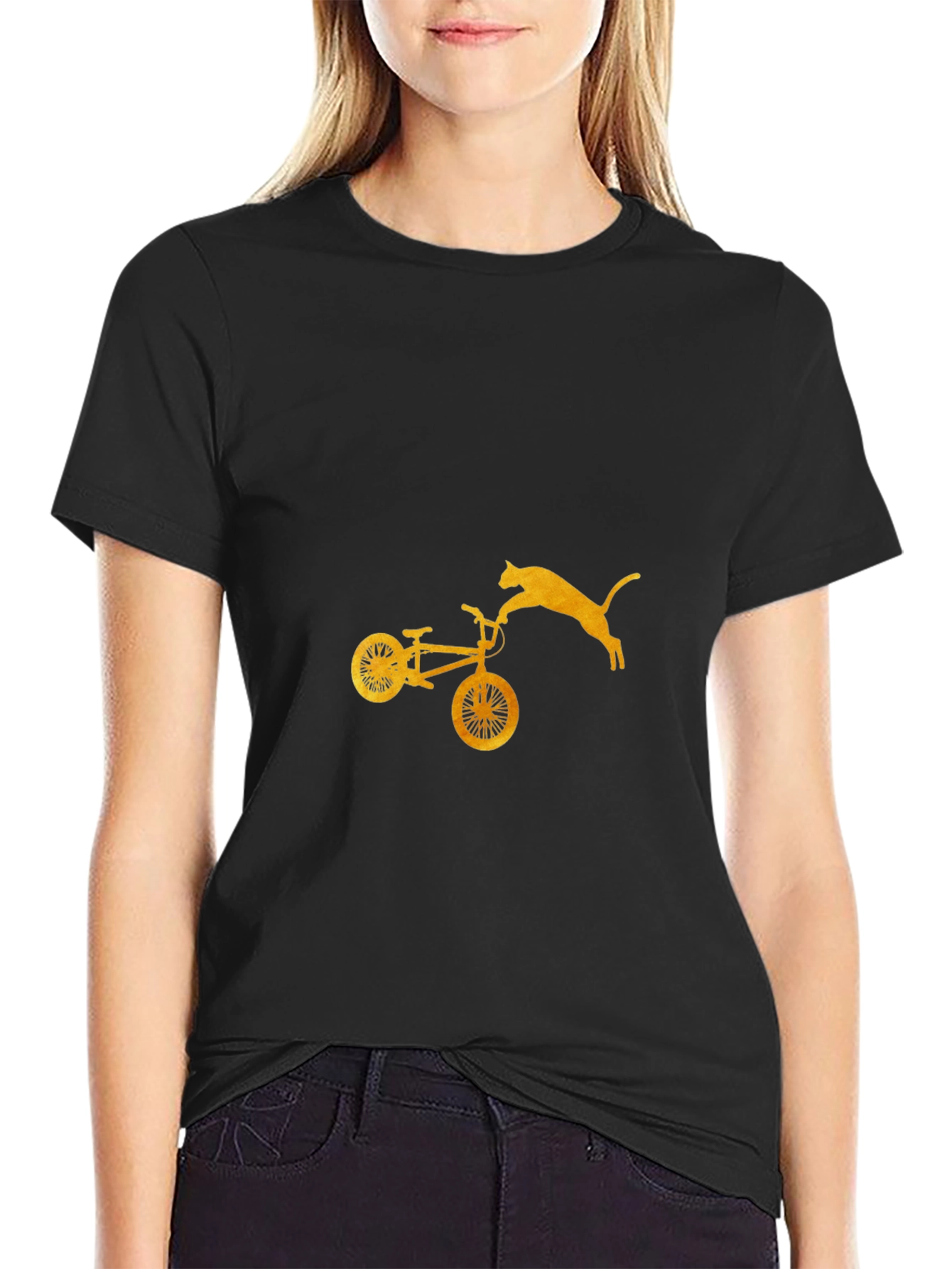 Cat Jumping Bike Graphic Tee - Black Cotton Blend
