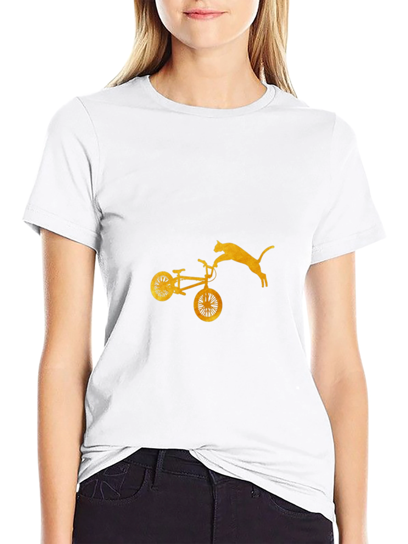 Cat Jumping Bike Graphic Tee - Black Cotton Blend