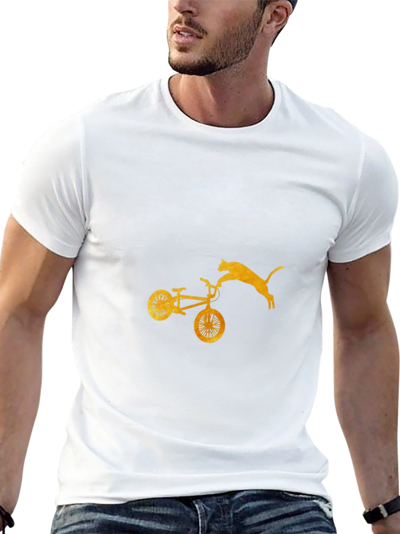 Cat Jumping Bike Graphic Tee - Black Cotton Blend