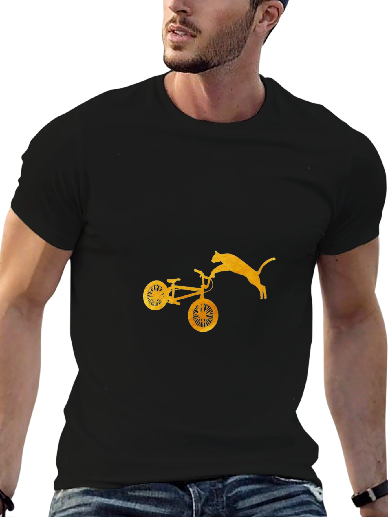 Cat Jumping Bike Graphic Tee - Black Cotton Blend