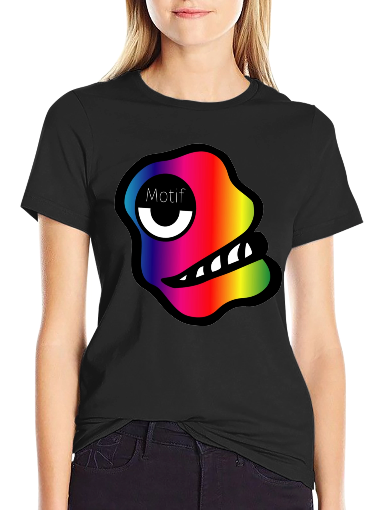 Rainbow Monster Motif Black T-Shirt