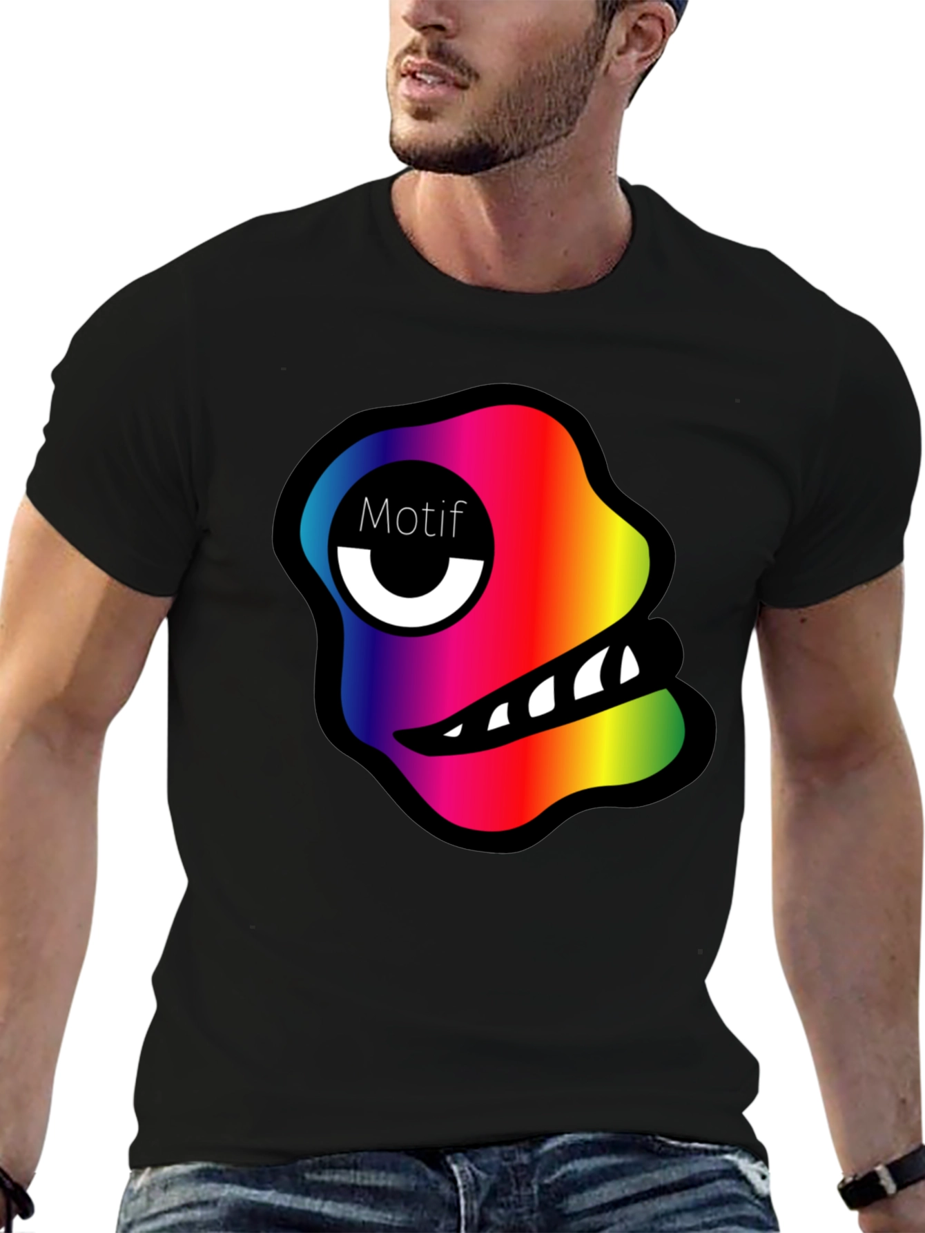 Rainbow Monster Motif Black T-Shirt