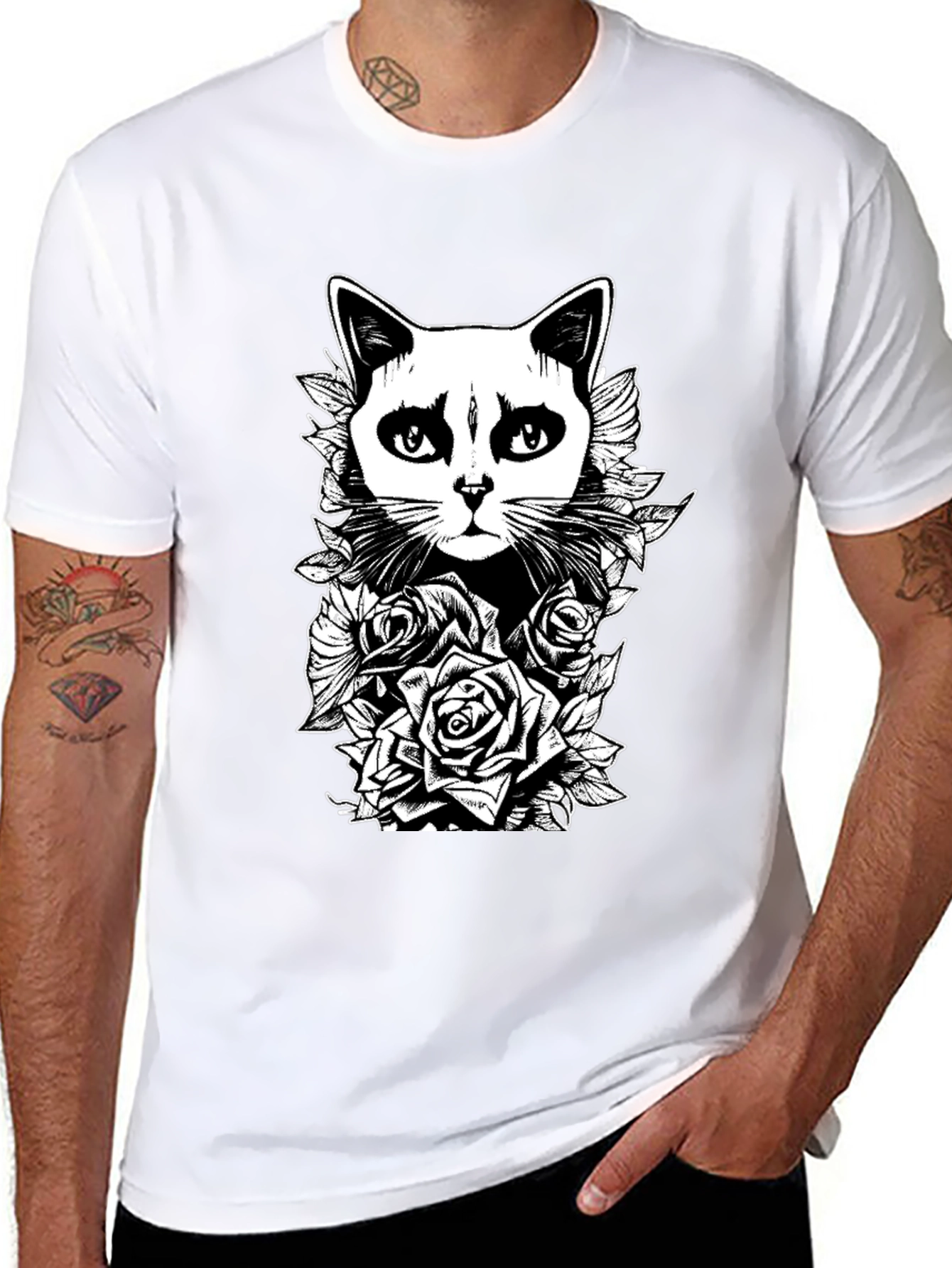 Gothic Cat & Roses Graphic Print Tee