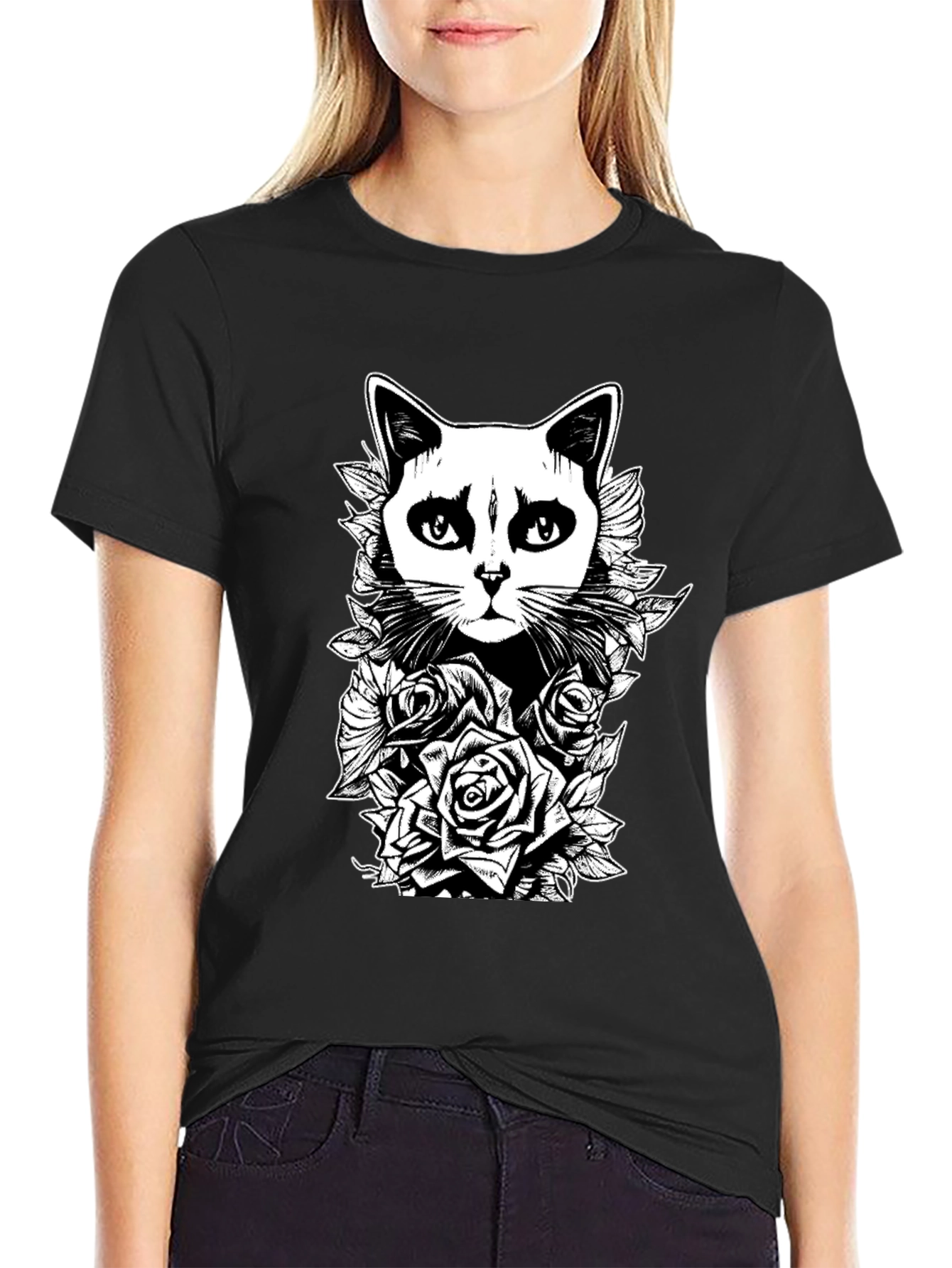 Gothic Cat & Roses Graphic Print Tee