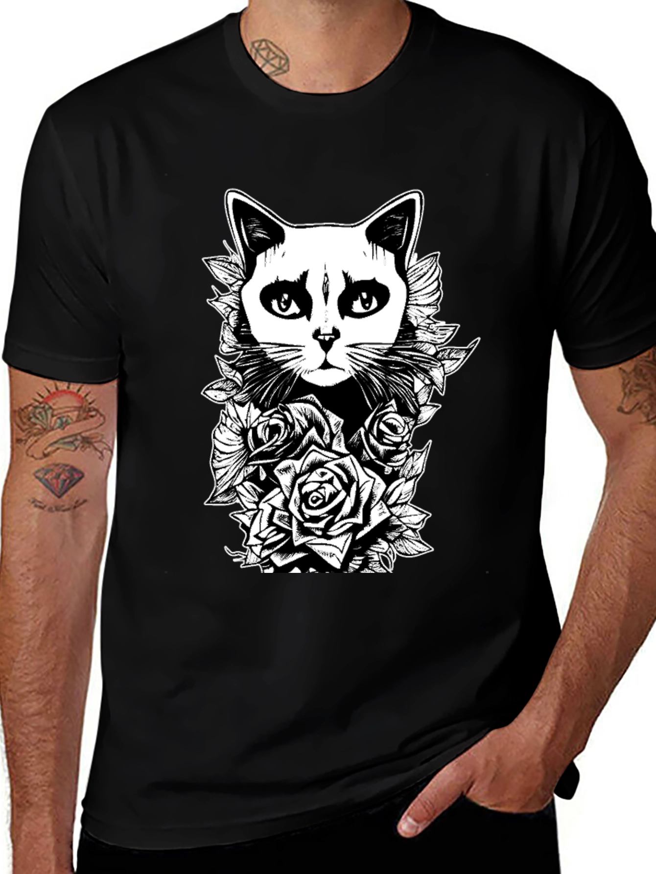Gothic Cat & Roses Graphic Print Tee