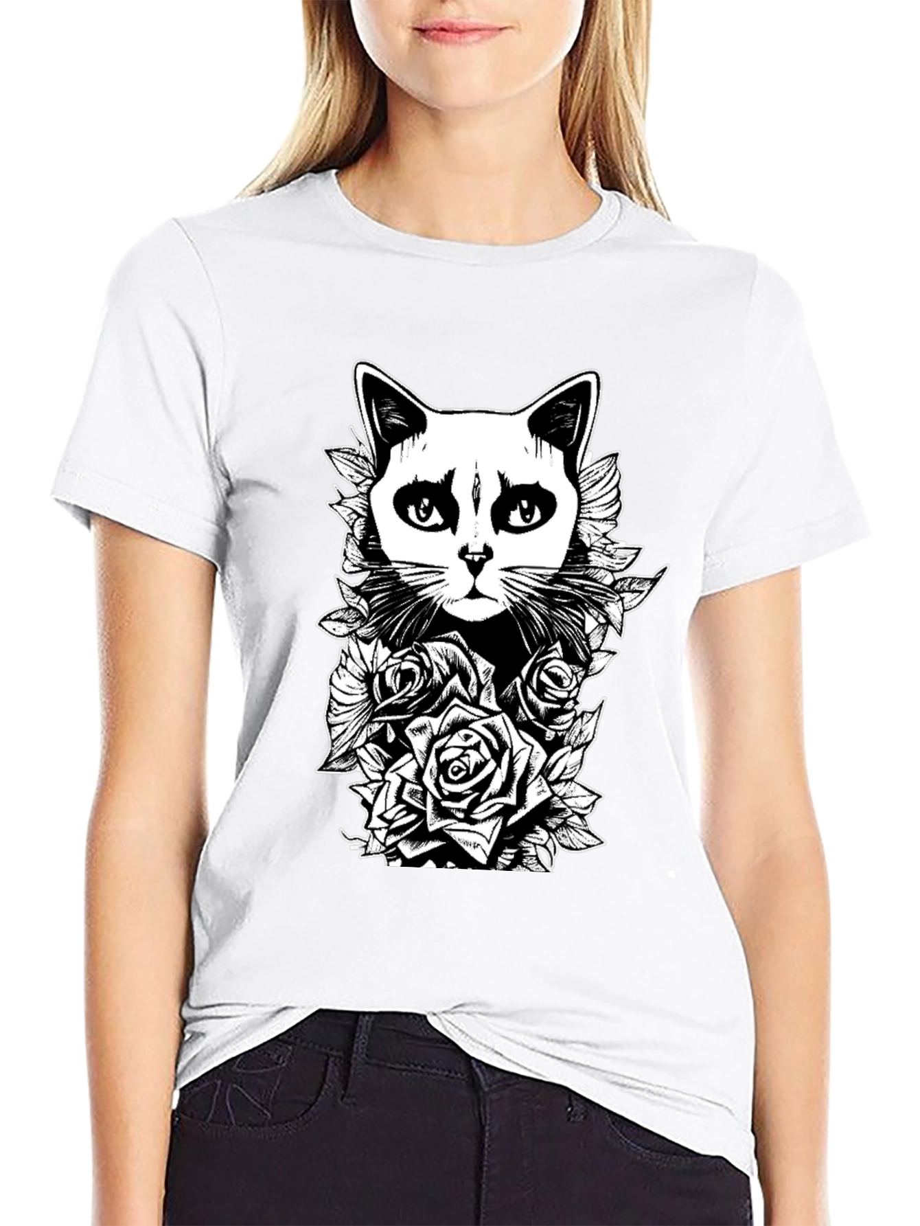 Gothic Cat & Roses Graphic Print Tee