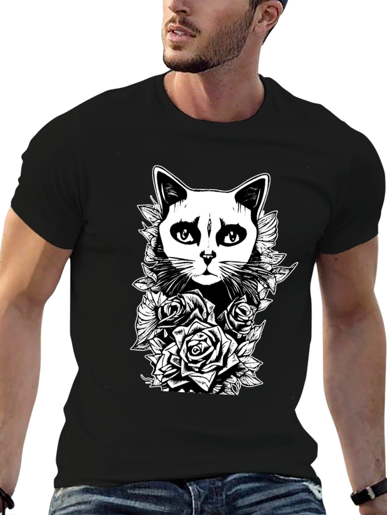 Gothic Cat & Roses Graphic Print Tee