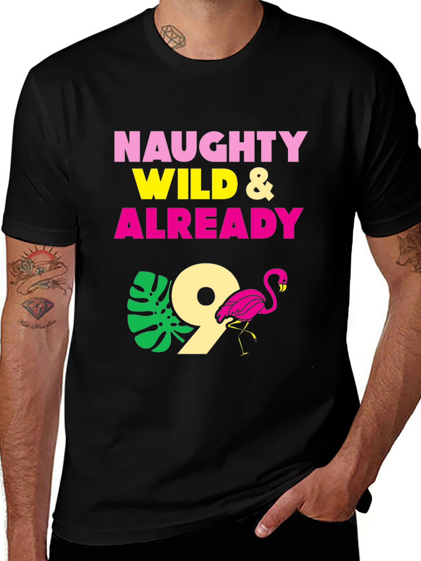 Naughty Wild & Already 9 Flamingo Birthday T-Shirt