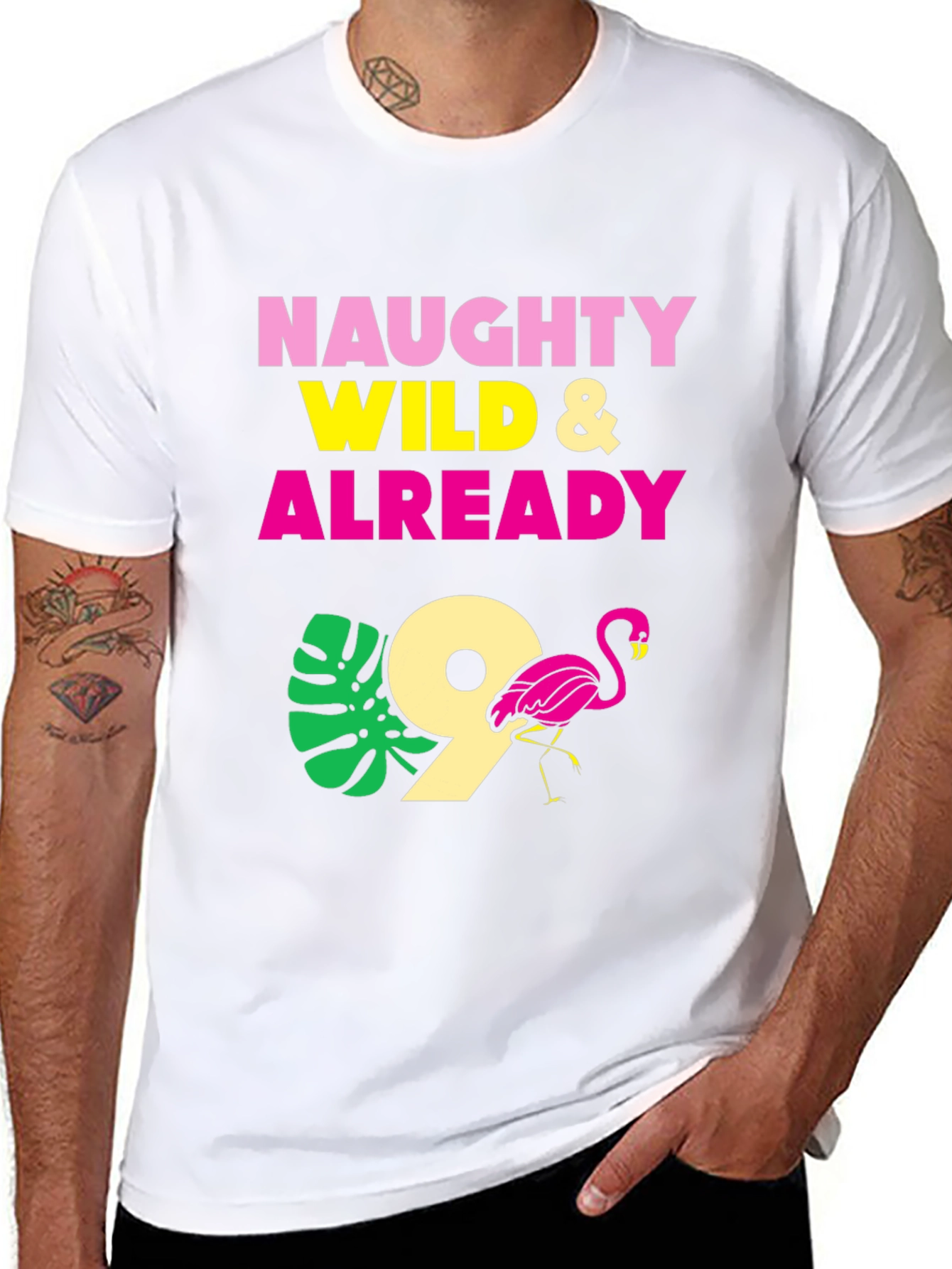 Naughty Wild & Already 9 Flamingo Birthday T-Shirt