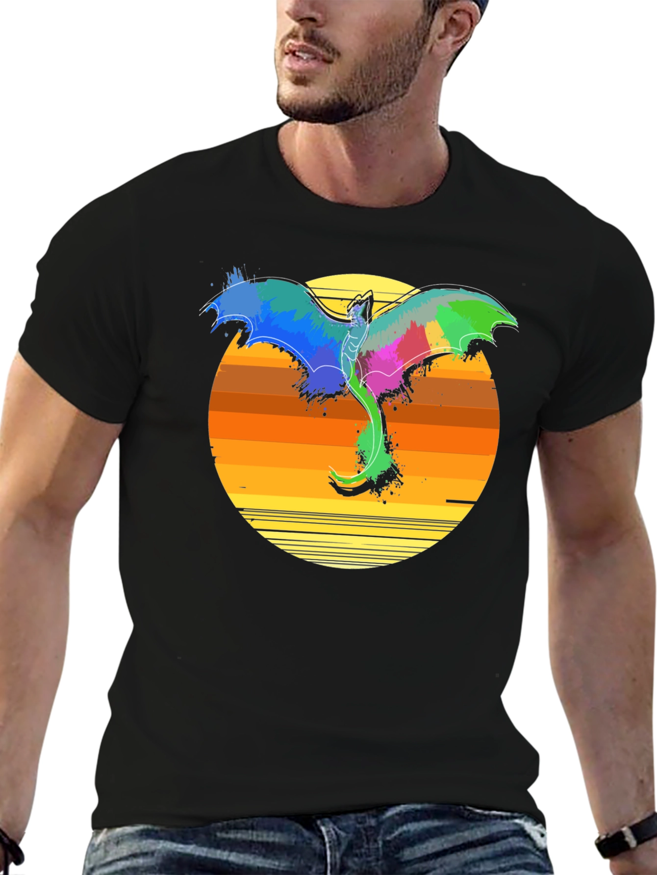 Vibrant Dragon Sunset T-Shirt - Fantasy Graphic Tee