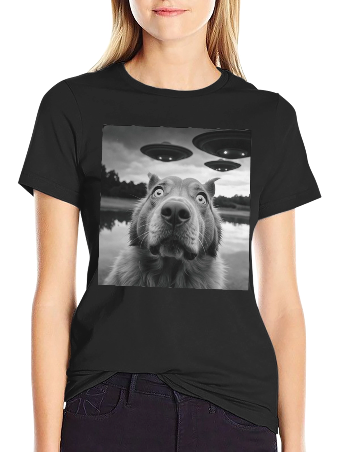 UFO Dog Black T-Shirt - Alien Invasion Design