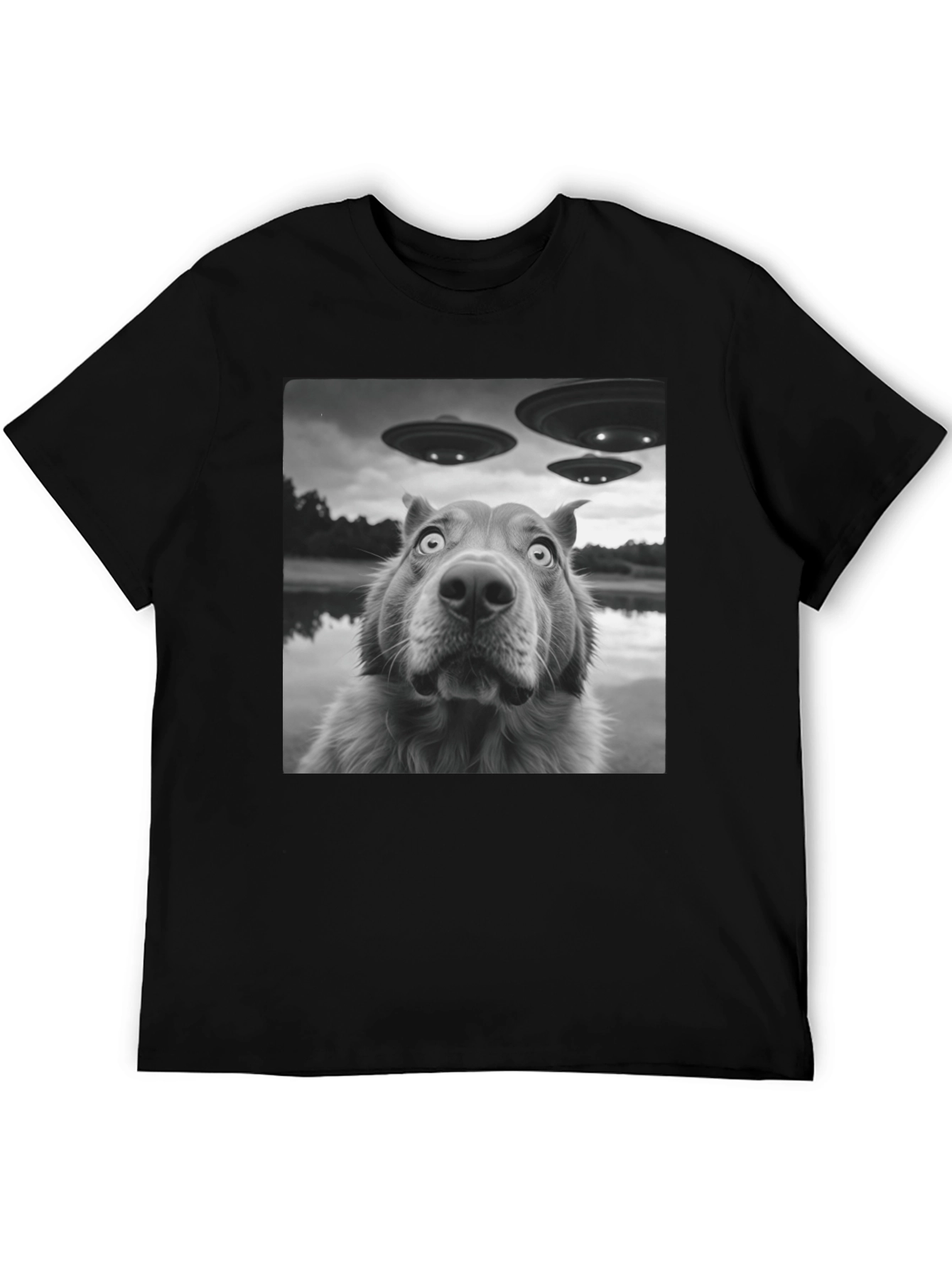 UFO Dog Black T-Shirt - Alien Invasion Design