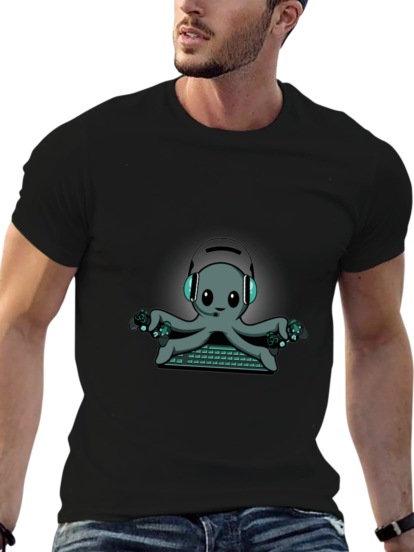 Gamer Octopus Graphic Tee - Black Cotton T-Shirt