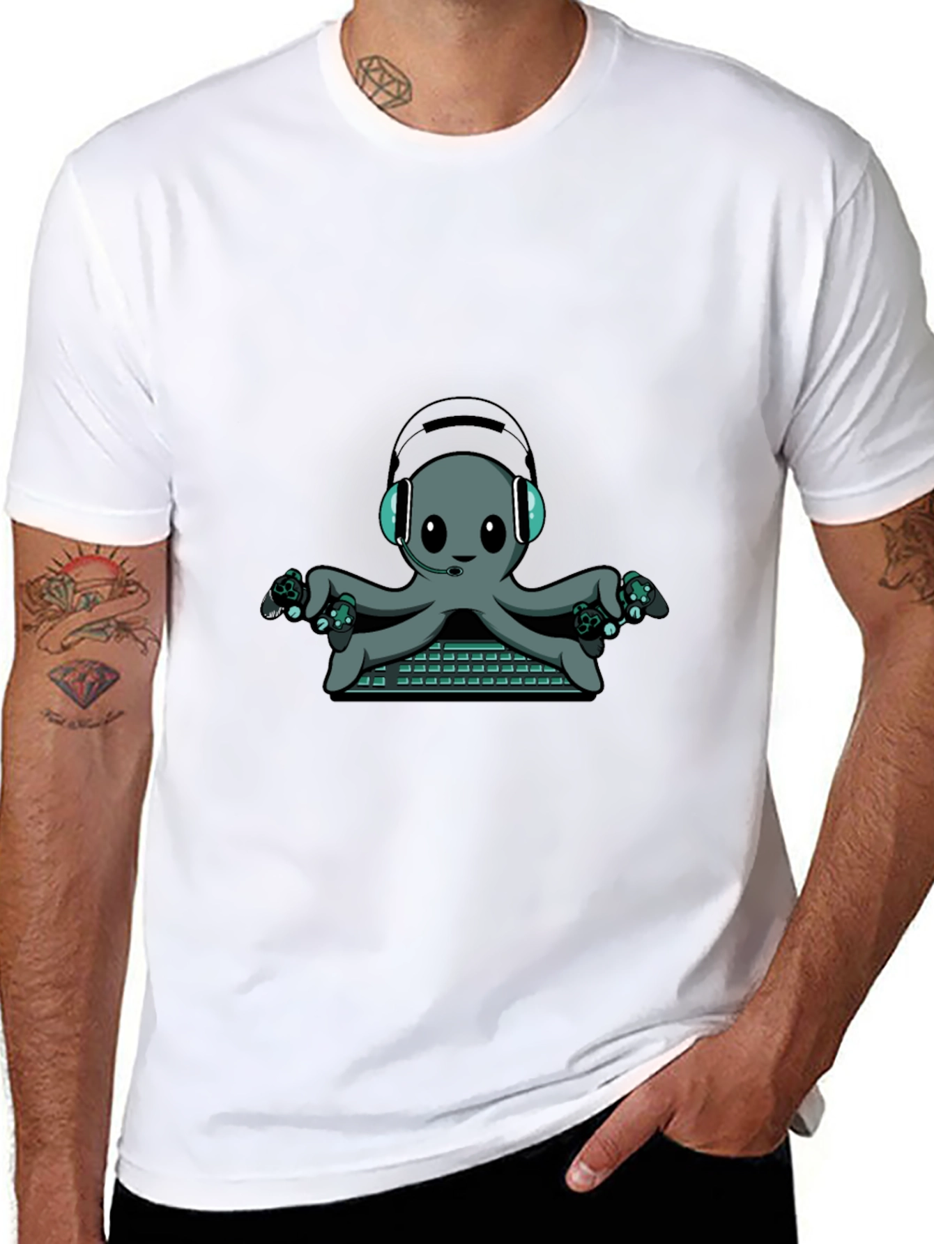 Gamer Octopus Graphic Tee - Black Cotton T-Shirt