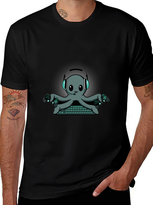Gamer Octopus Graphic Tee - Black Cotton T-Shirt