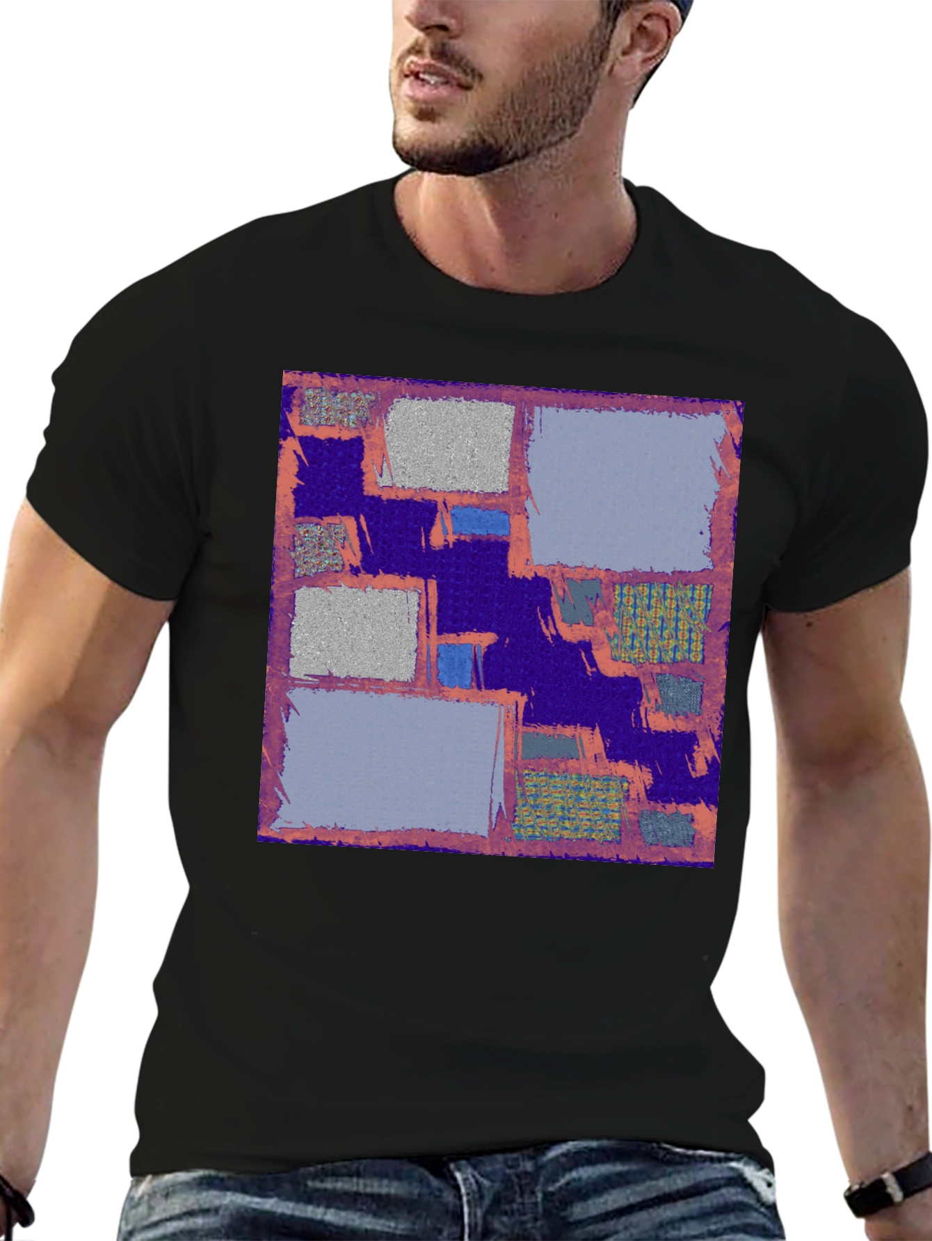 Abstract Block Print Mens Black T-Shirt