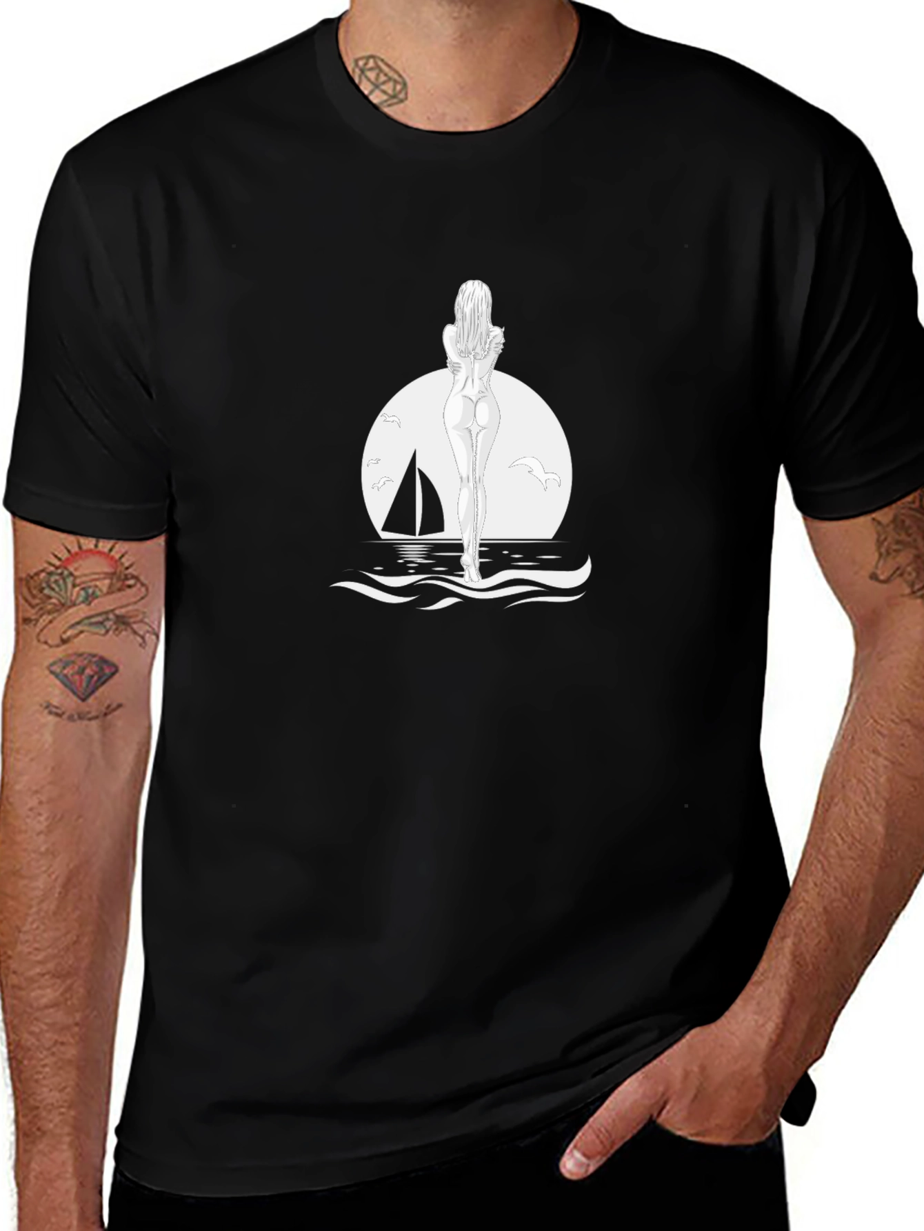 Black T-Shirt with Woman by the Sea Design