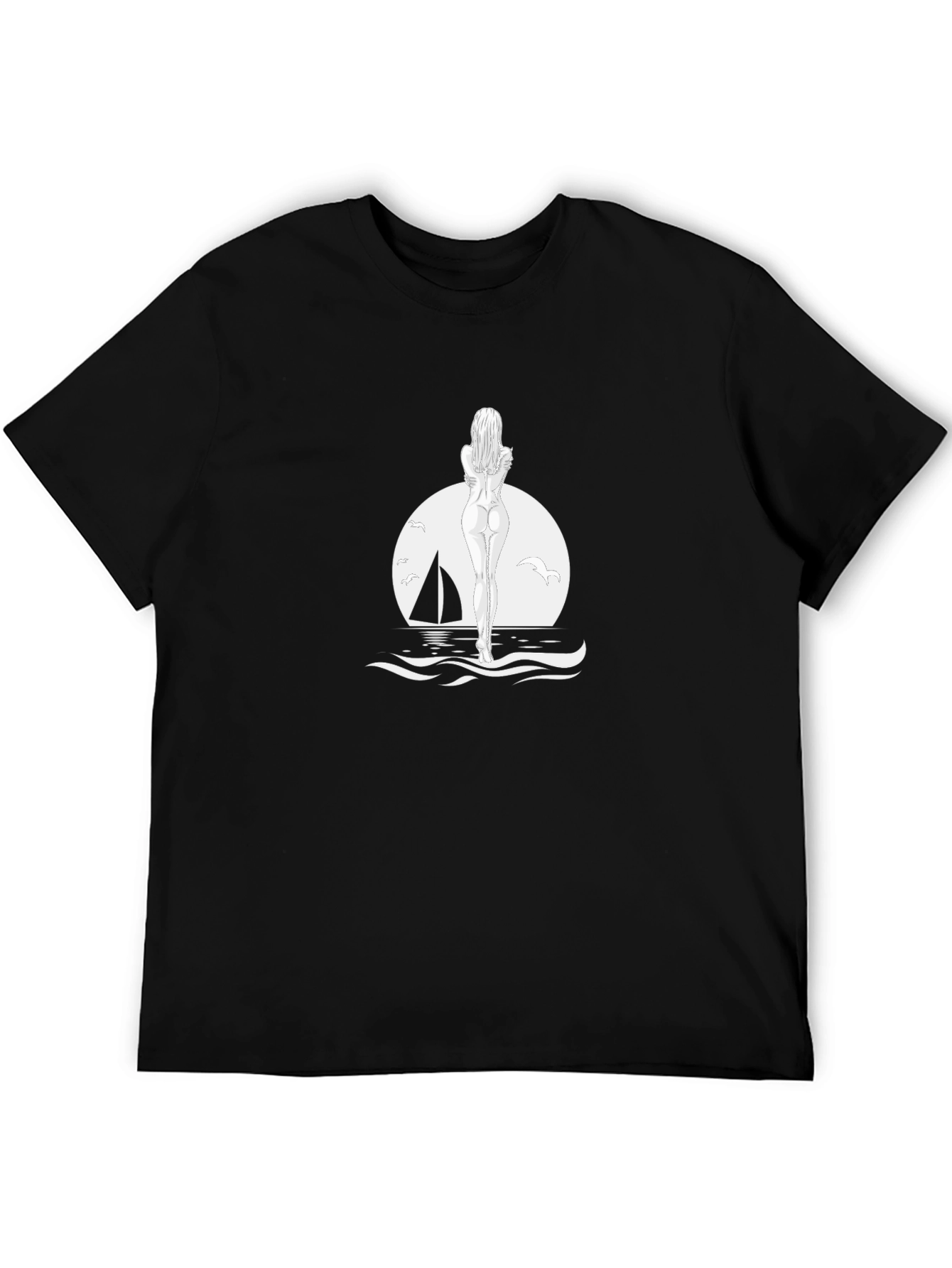 Black T-Shirt with Woman by the Sea Design