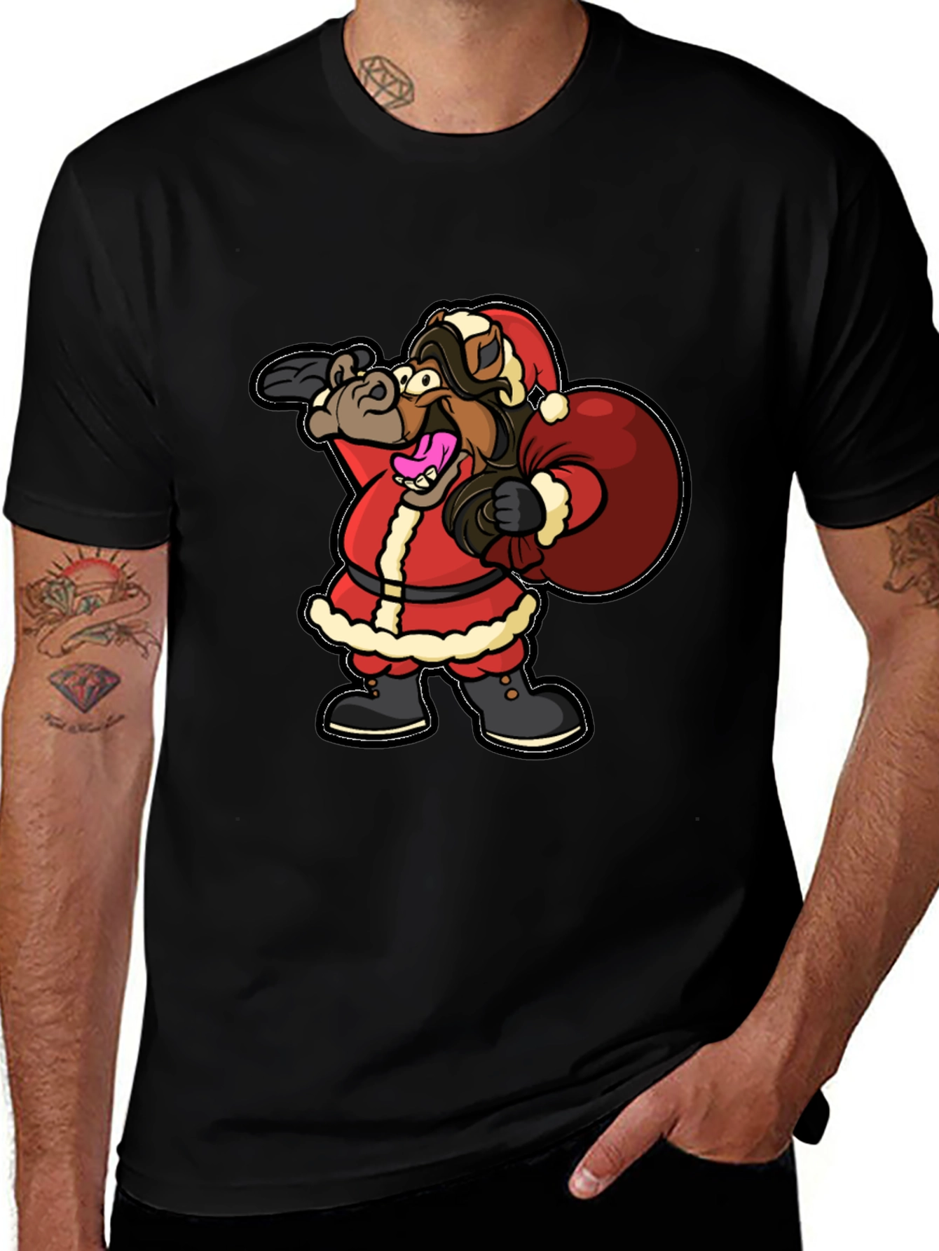 Funny Horse Santa Christmas Black T-Shirt