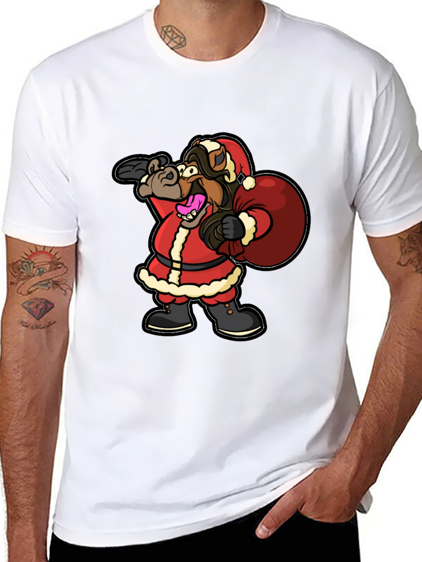 Funny Horse Santa Christmas Black T-Shirt