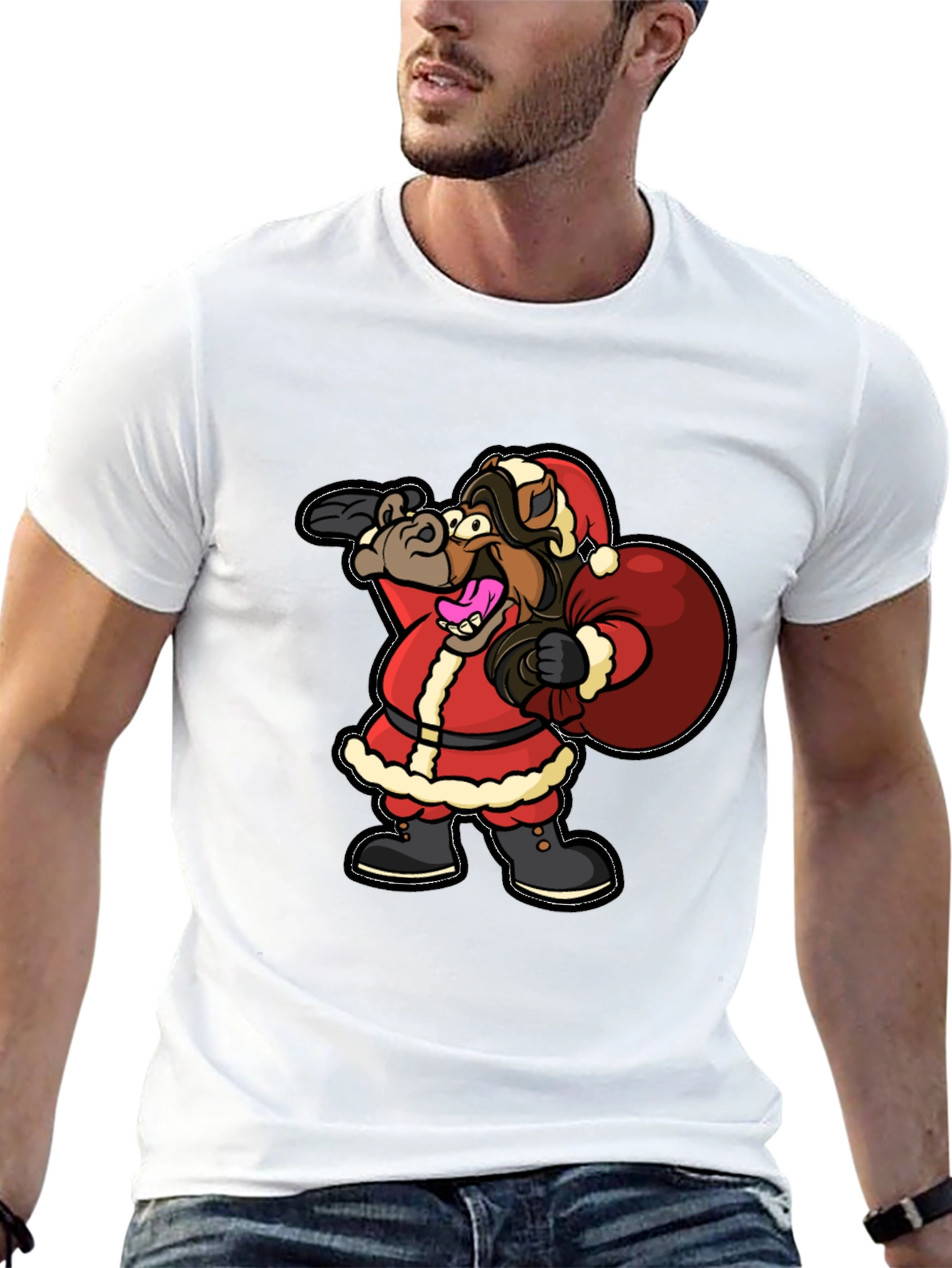 Funny Horse Santa Christmas Black T-Shirt