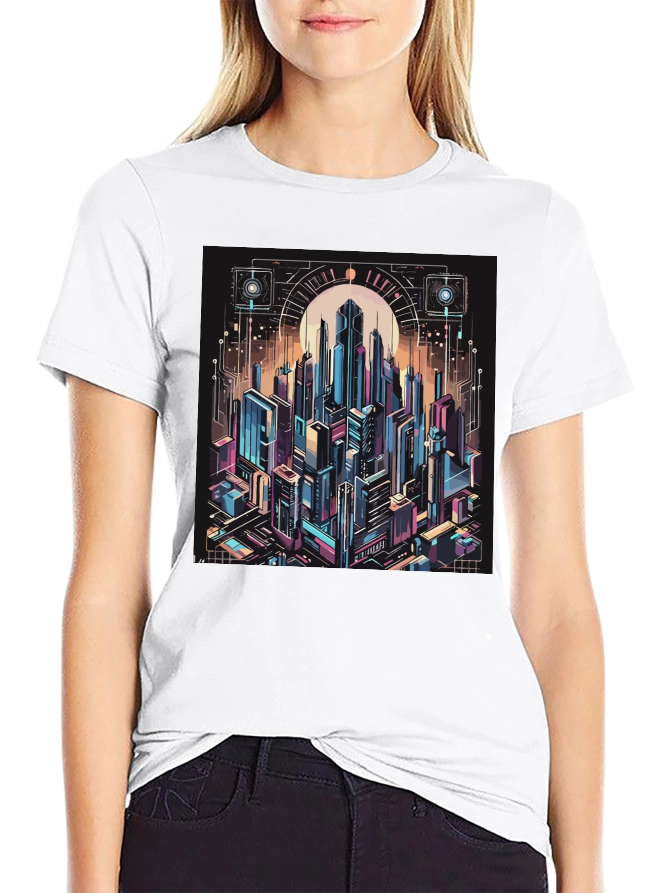 Cyberpunk Cityscape Graphic Tee - Black