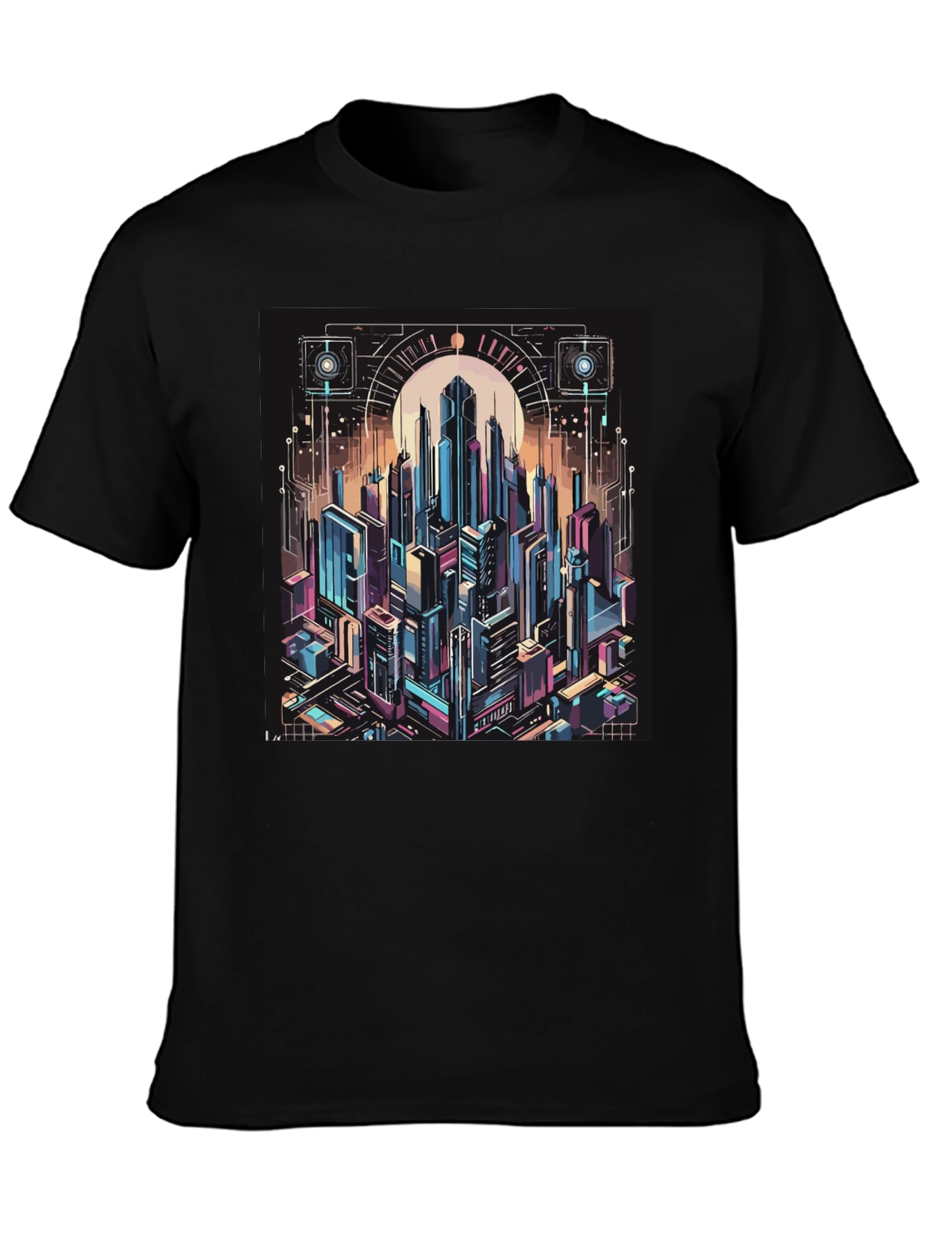 Cyberpunk Cityscape Graphic Tee - Black