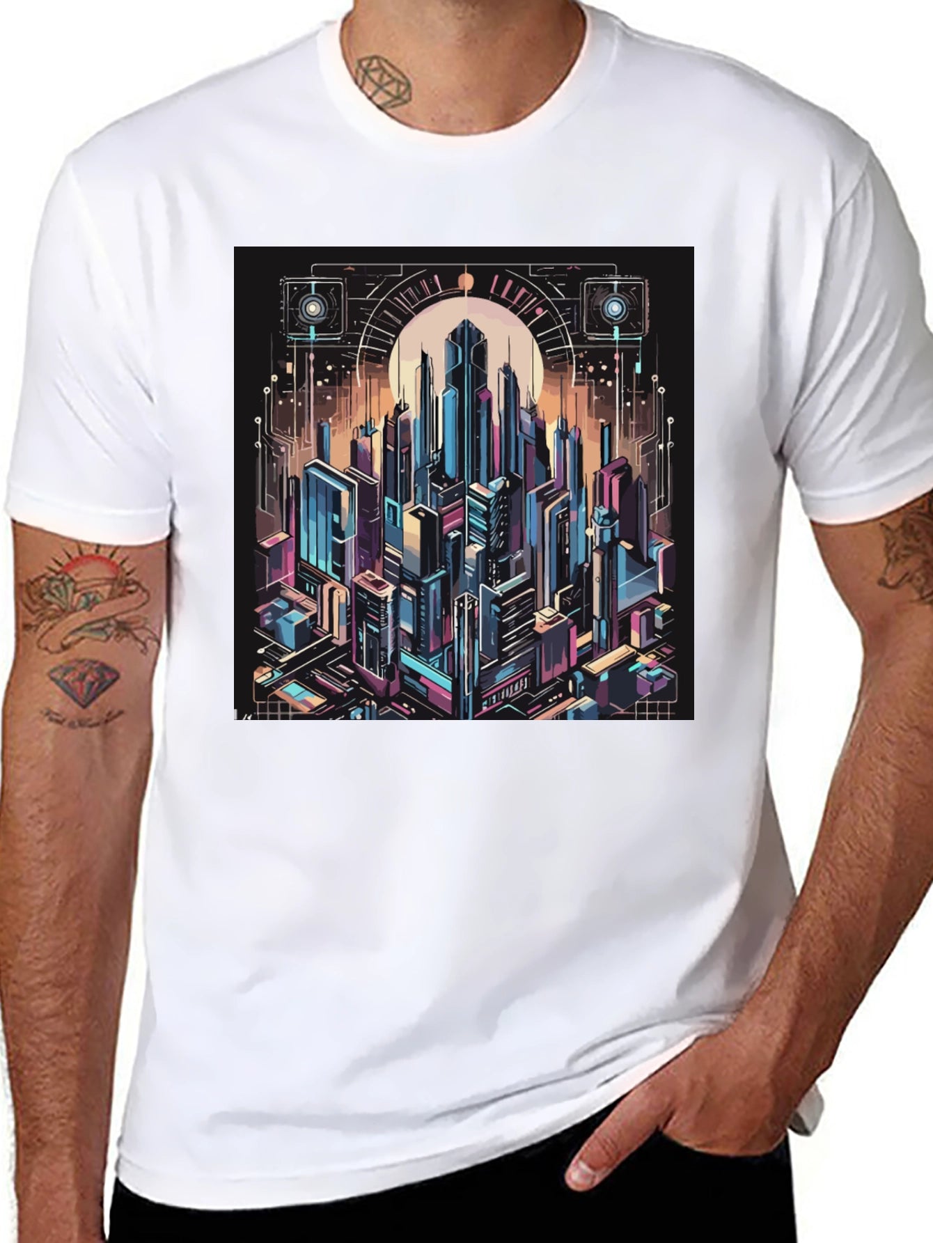 Cyberpunk Cityscape Graphic Tee - Black