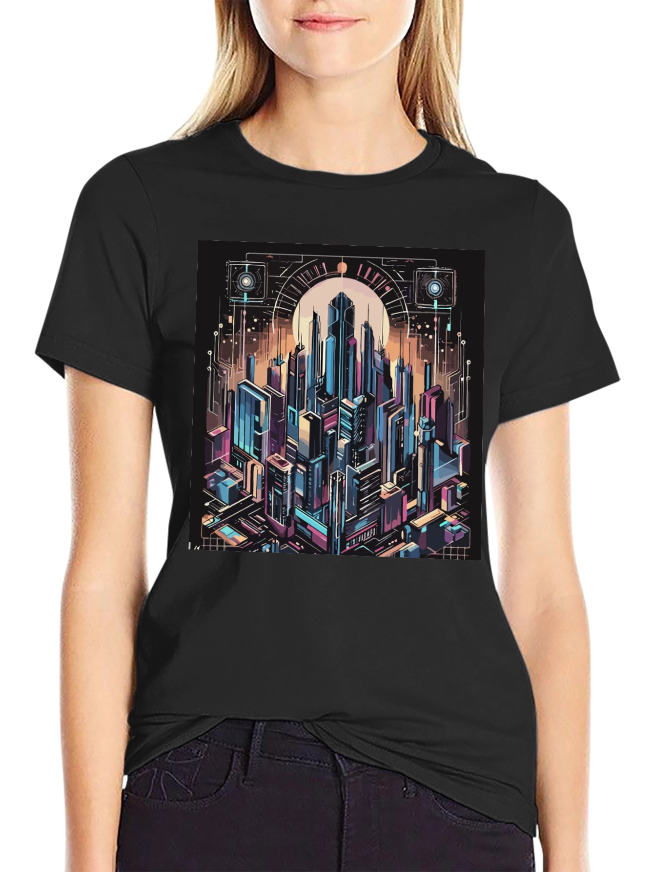 Cyberpunk Cityscape Graphic Tee - Black
