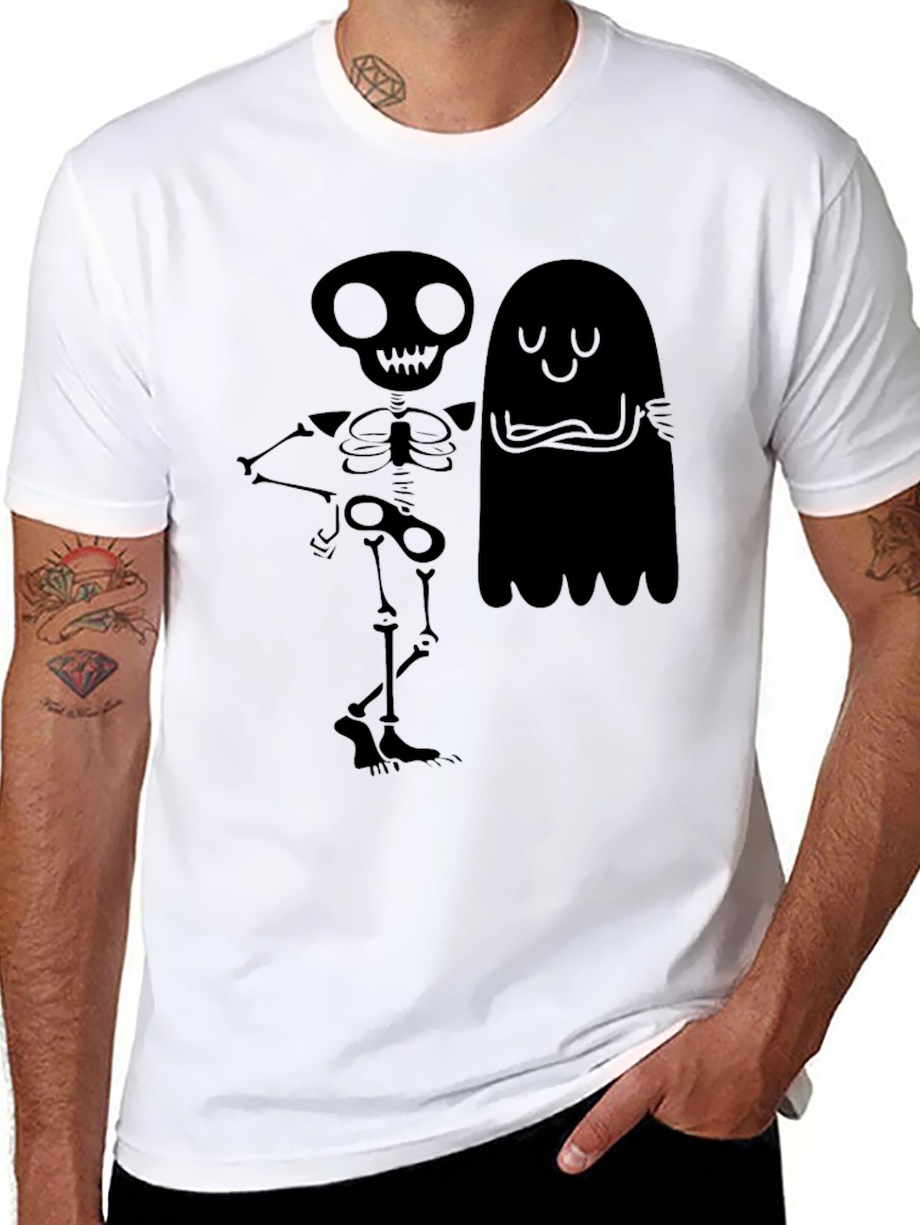 Skeleton & Ghost Graphic Tee - Spooky Season Style!
