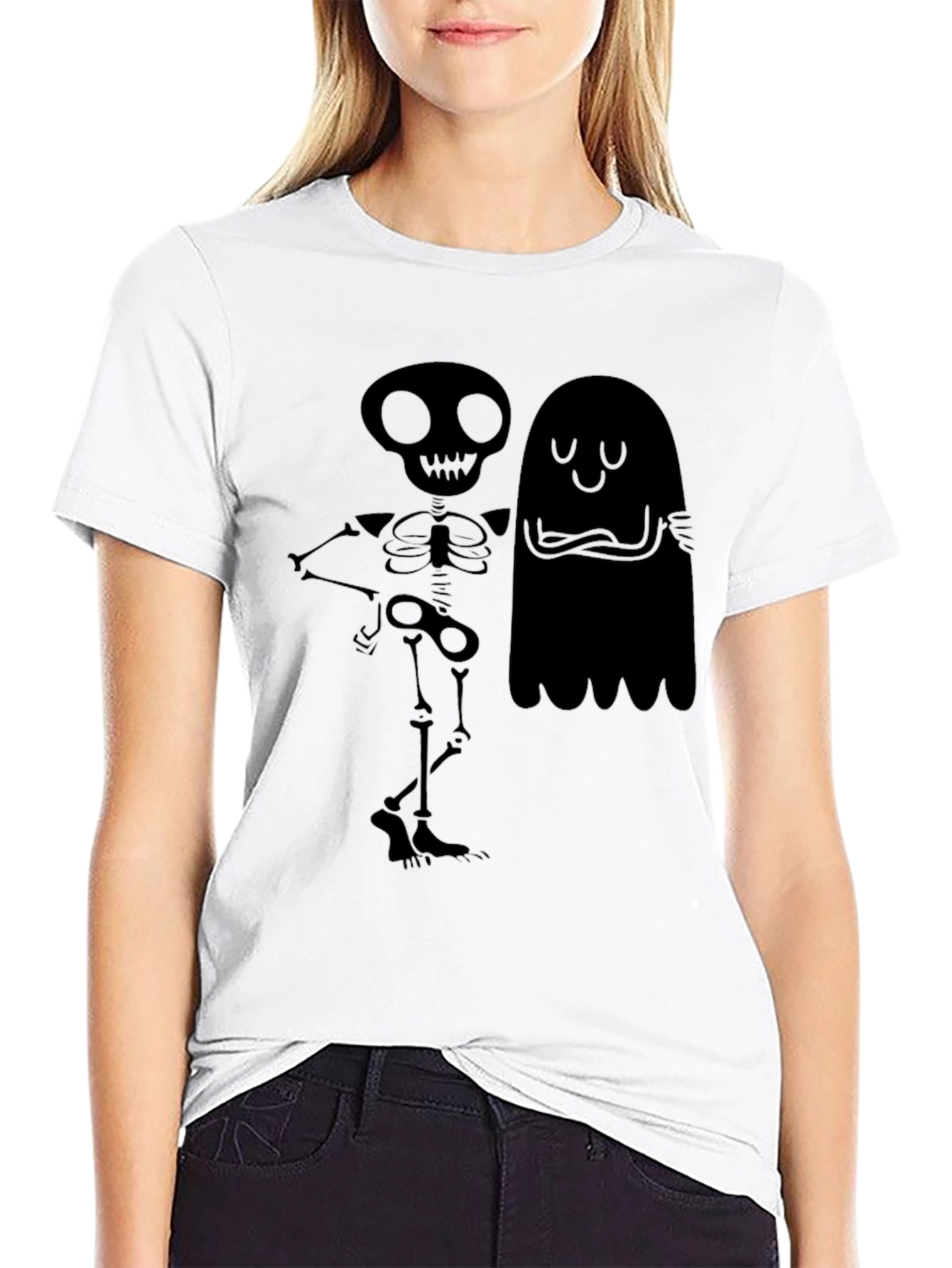 Skeleton & Ghost Graphic Tee - Spooky Season Style!