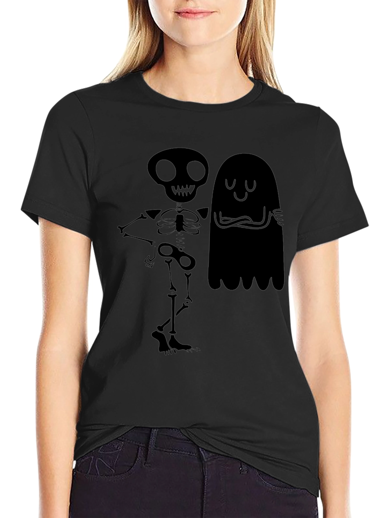 Skeleton & Ghost Graphic Tee - Spooky Season Style!