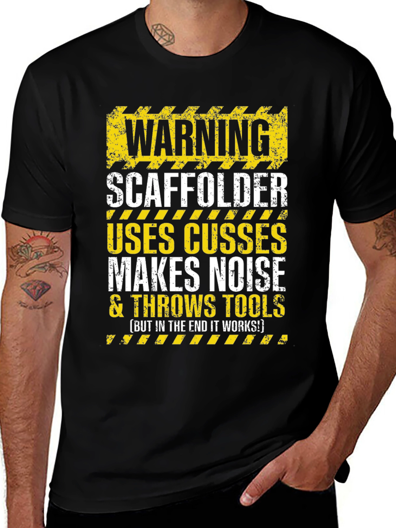 Warning Scaffolder T-Shirt: Uses Cusses Throws Tools