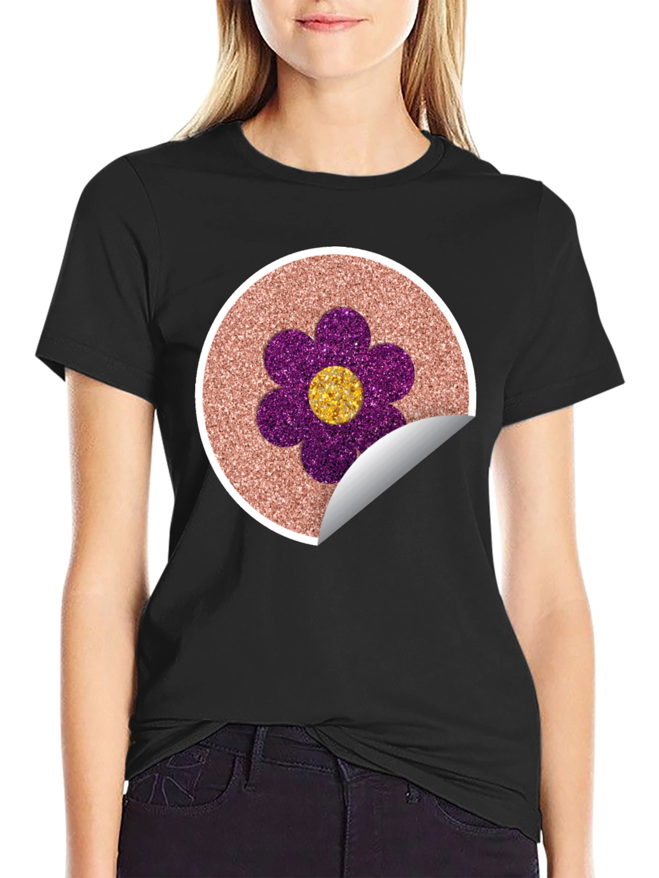 Glitter Flower Graphic Tee - Stylish Crew Neck T-Shirt