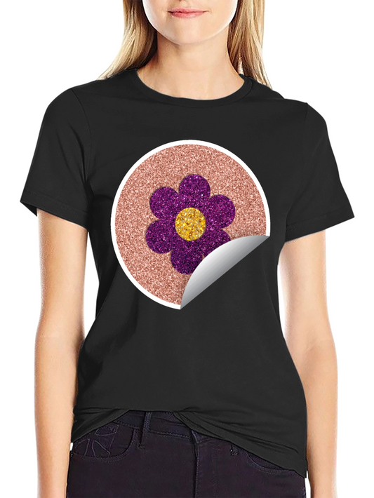 Glitter Flower Graphic Tee - Stylish Crew Neck T-Shirt