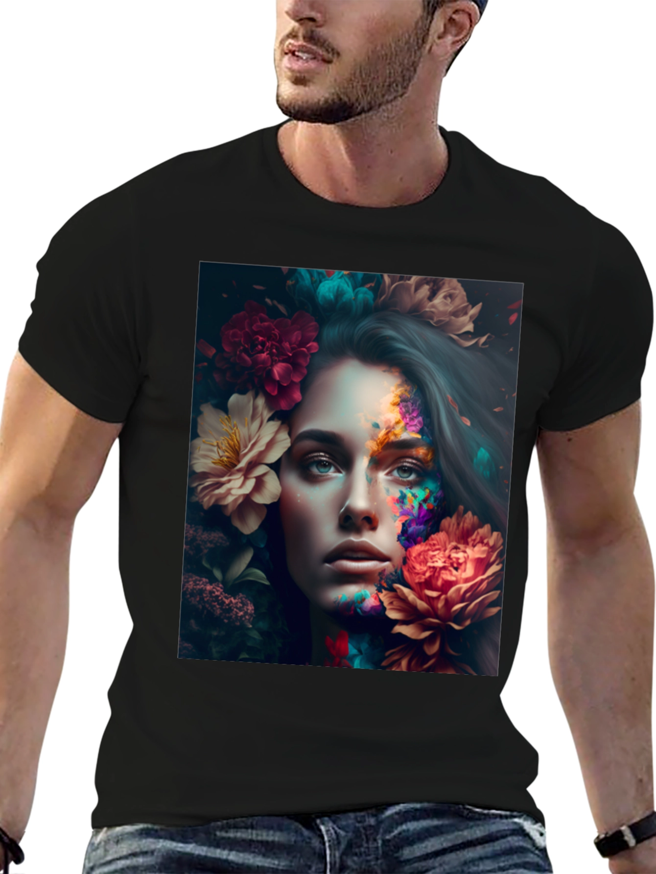 Floral Woman Graphic Black T-Shirt