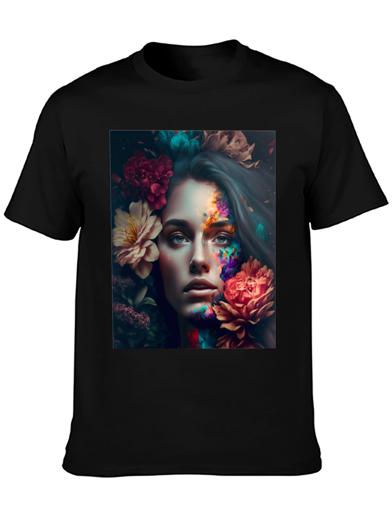 Floral Woman Graphic Black T-Shirt