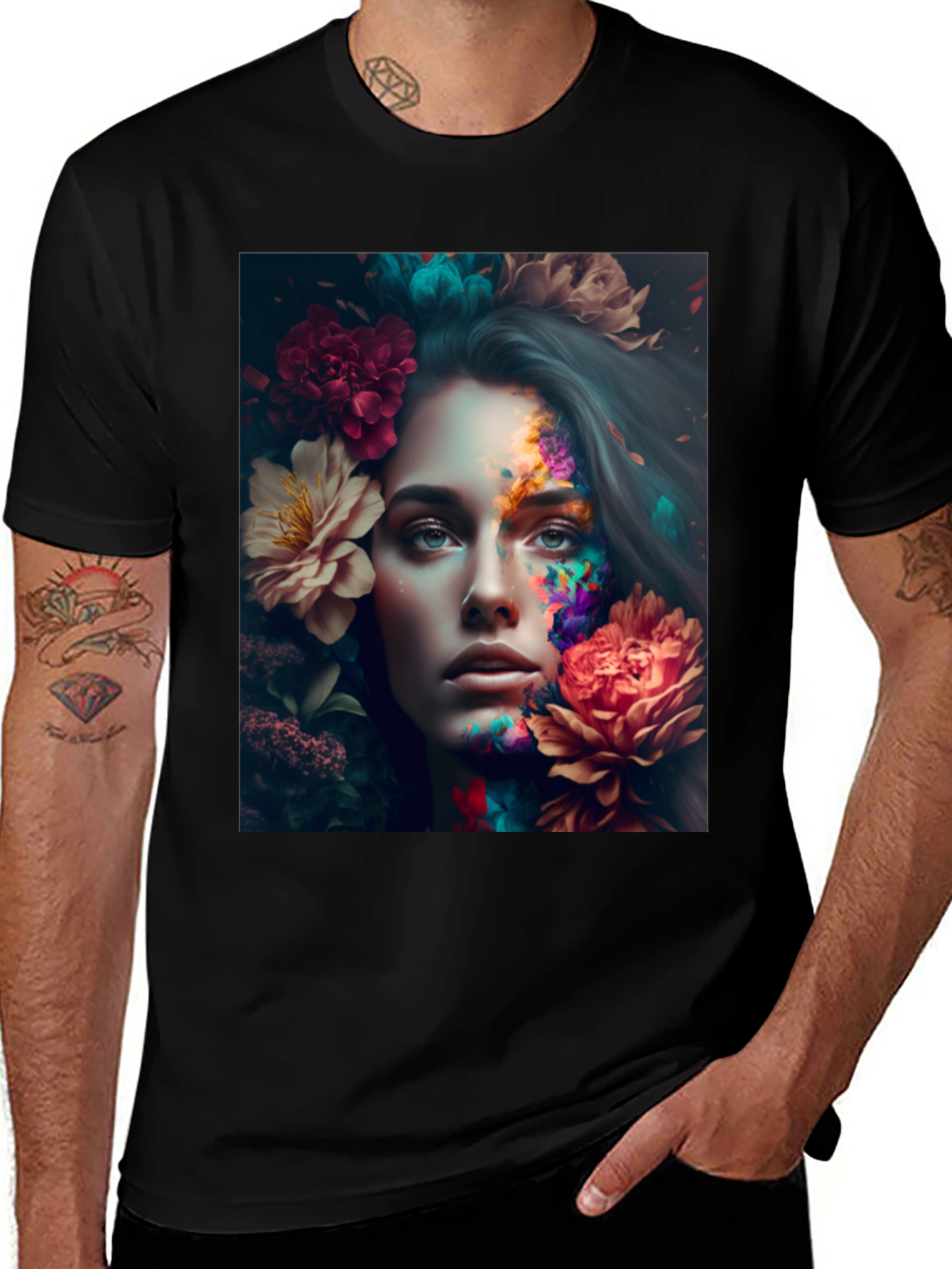Floral Woman Graphic Black T-Shirt