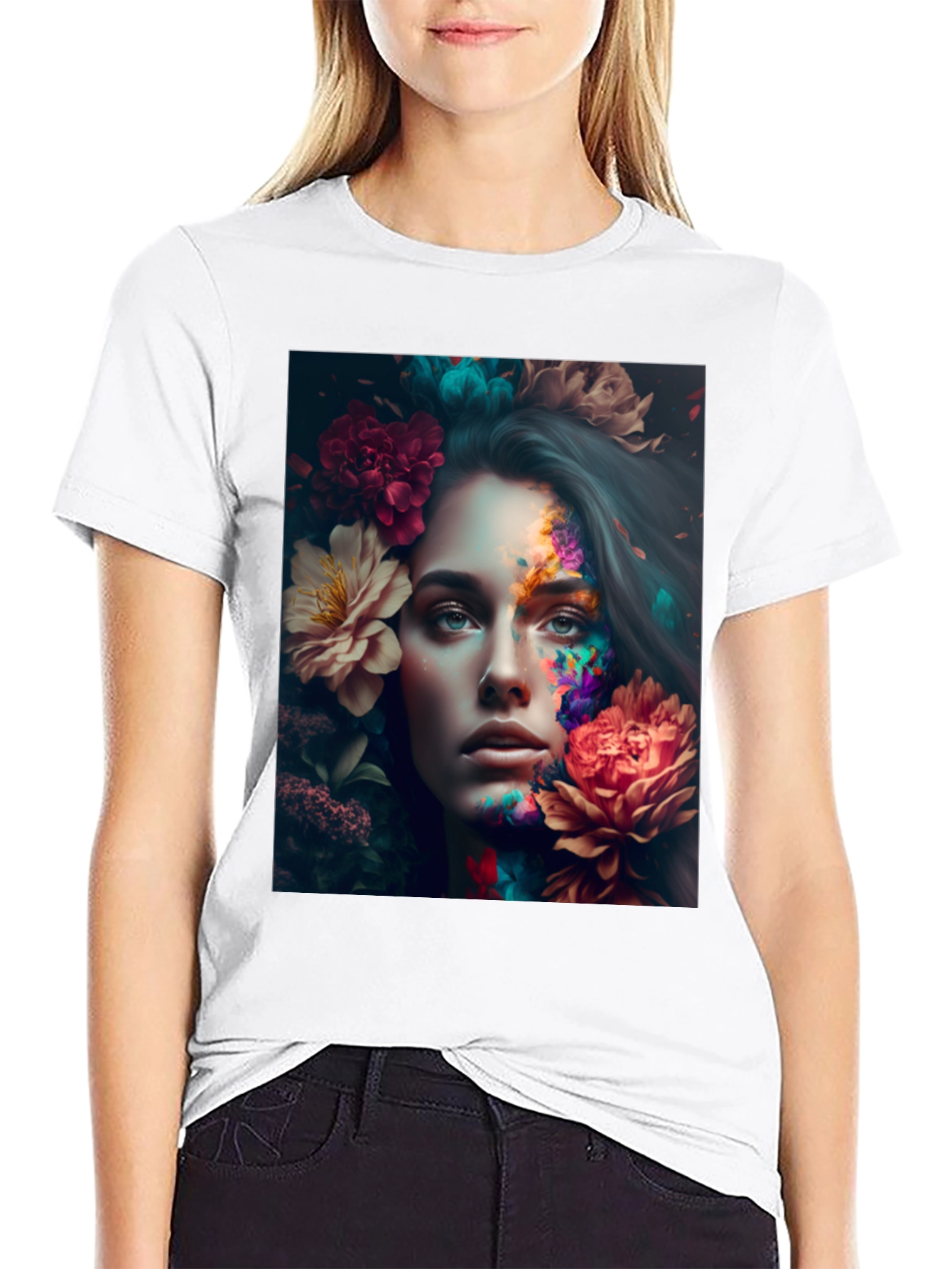 Floral Woman Graphic Black T-Shirt