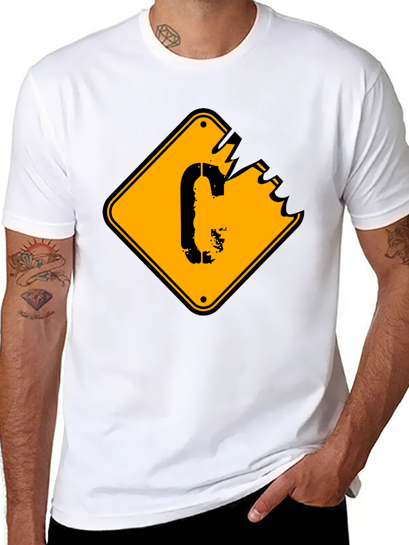 Mens Black T-shirt with Yellow Sign Graphic
