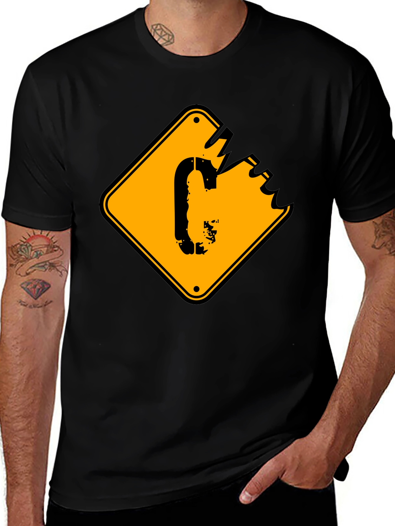 Mens Black T-shirt with Yellow Sign Graphic