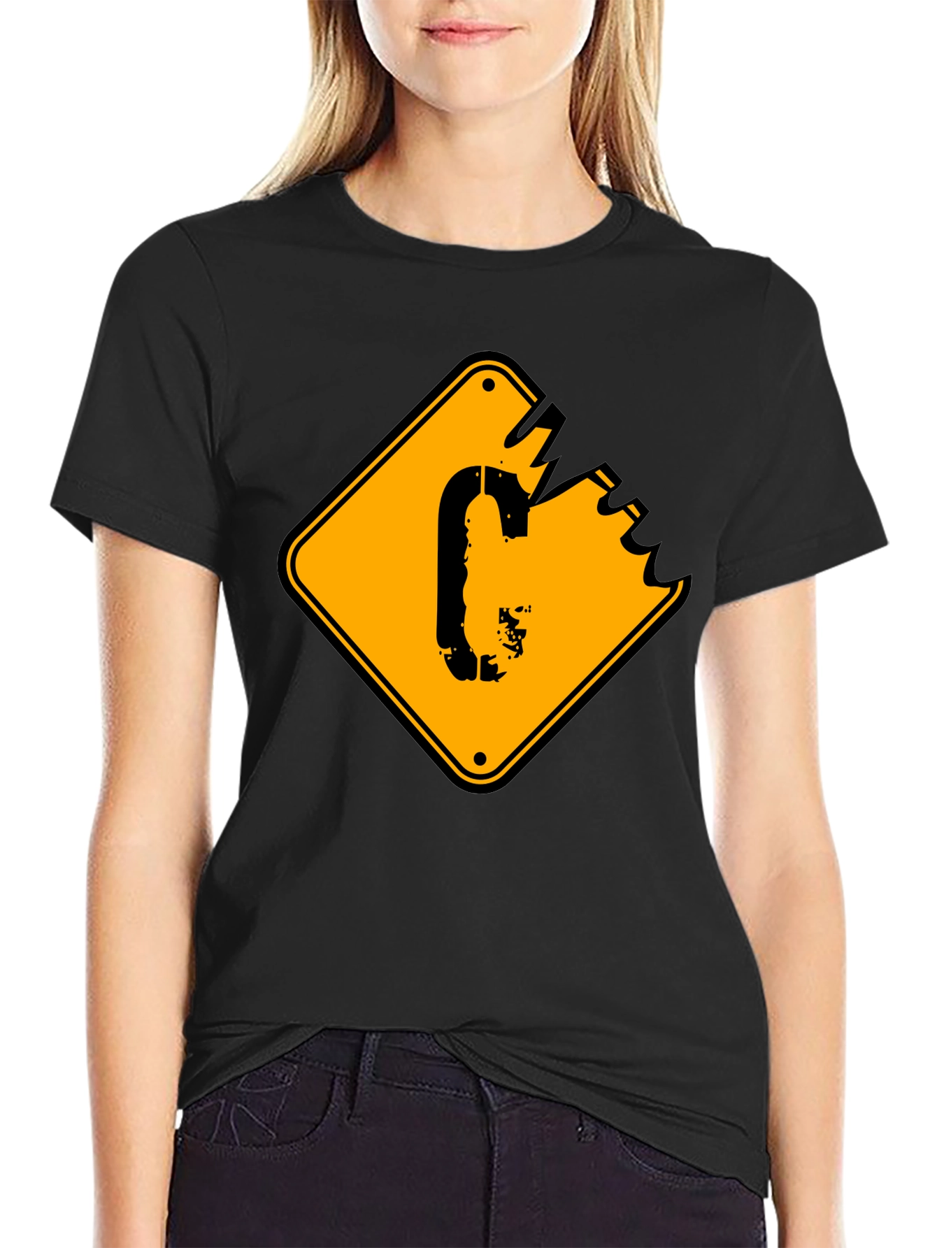 Mens Black T-shirt with Yellow Sign Graphic