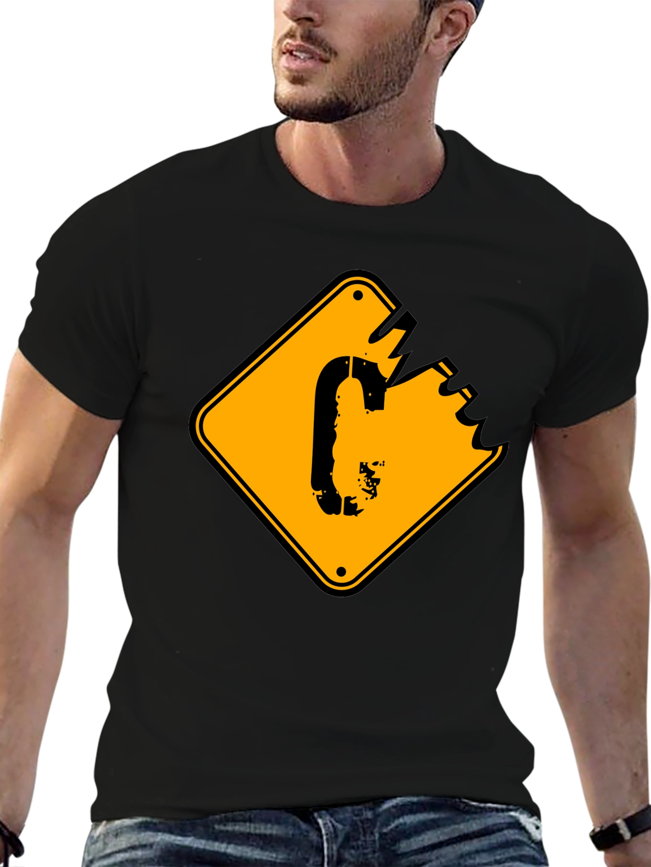 Mens Black T-shirt with Yellow Sign Graphic