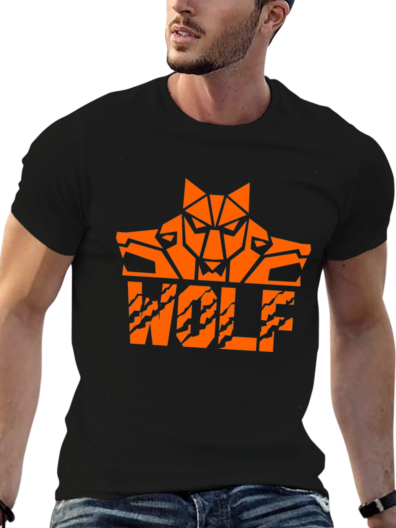 Bold Orange Wolf Graphic Black T-Shirt