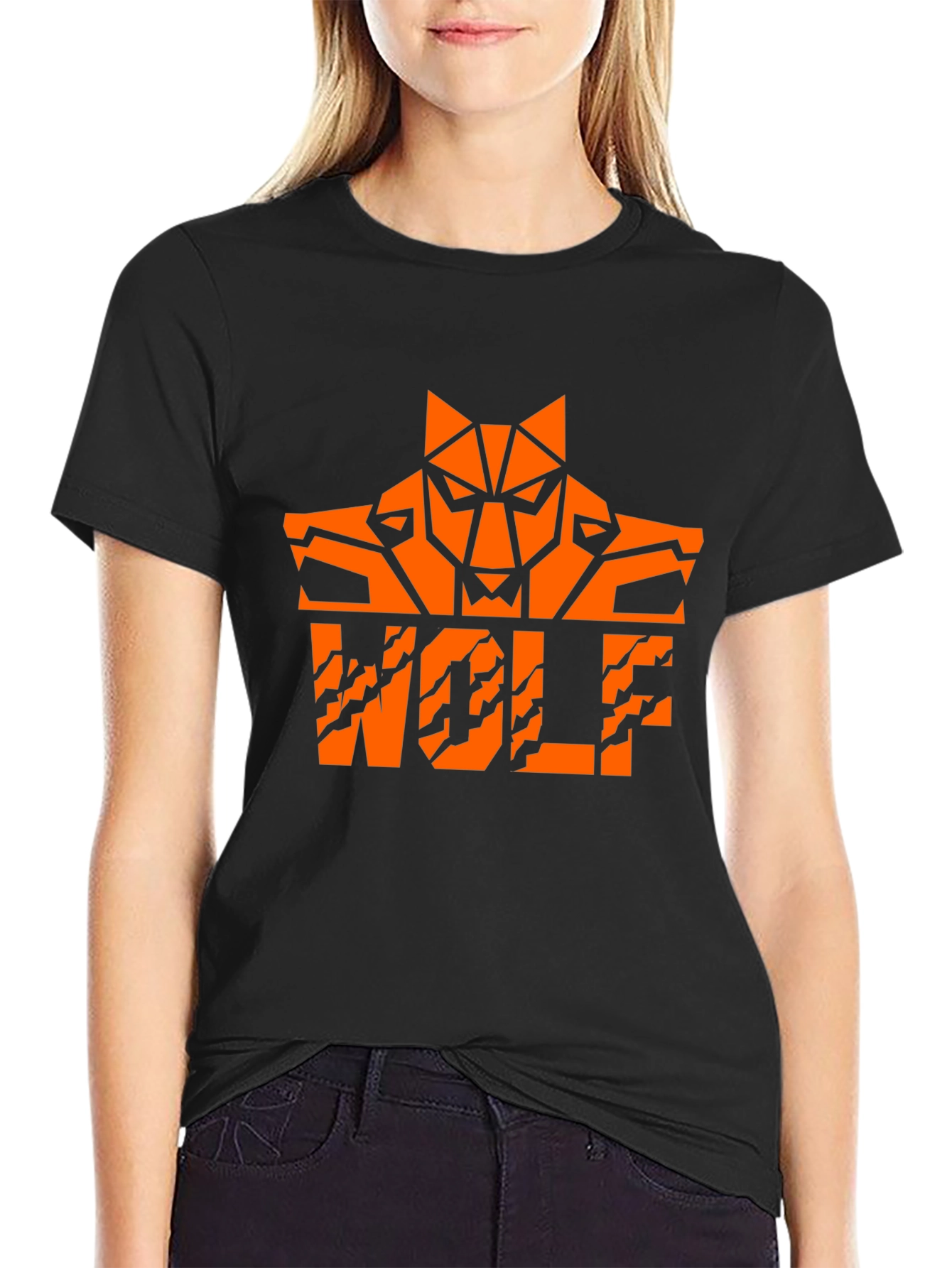Bold Orange Wolf Graphic Black T-Shirt